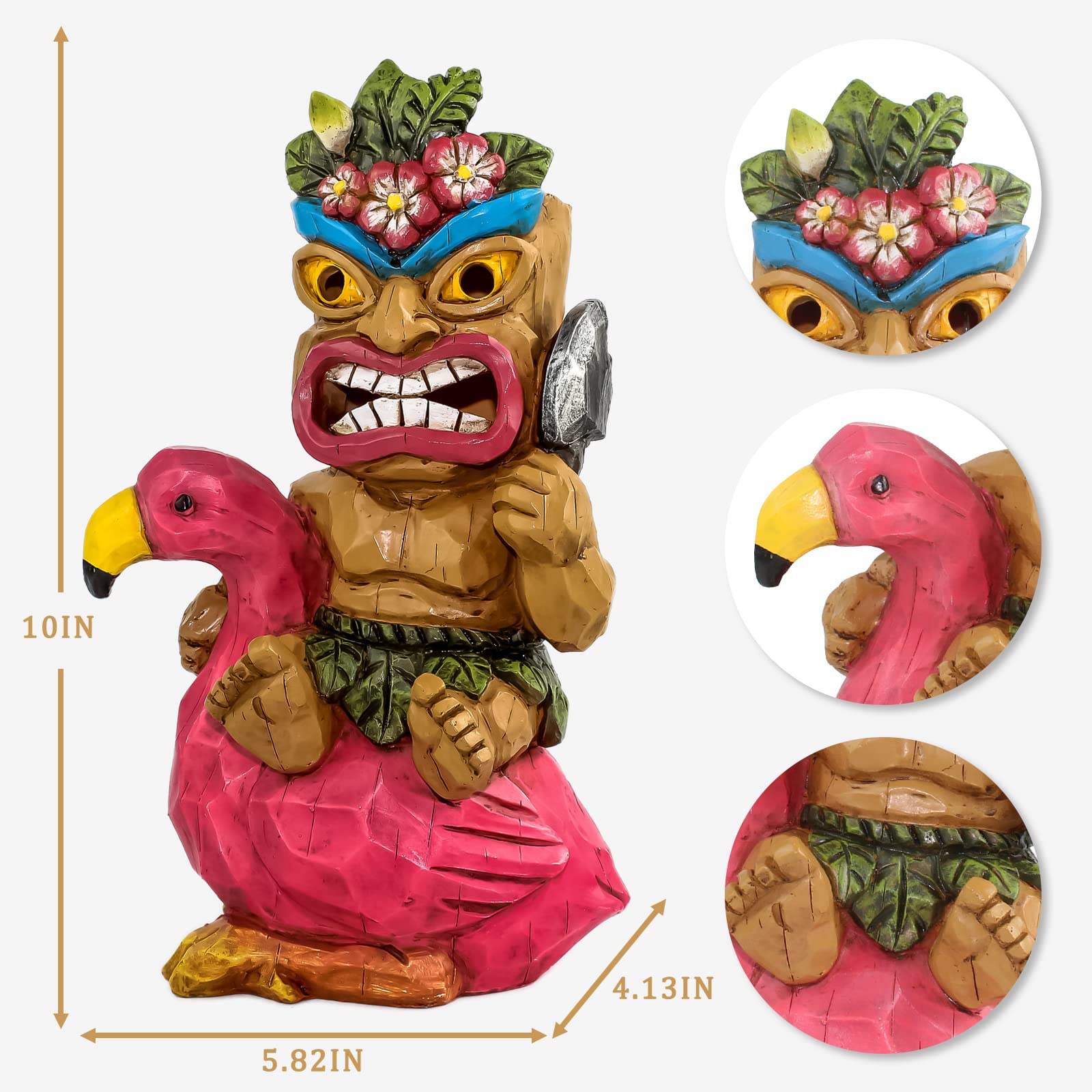 EPTUEGA Tiki Statue - Resin Tiki Man Riding Flamingo Garden Decor - Pink