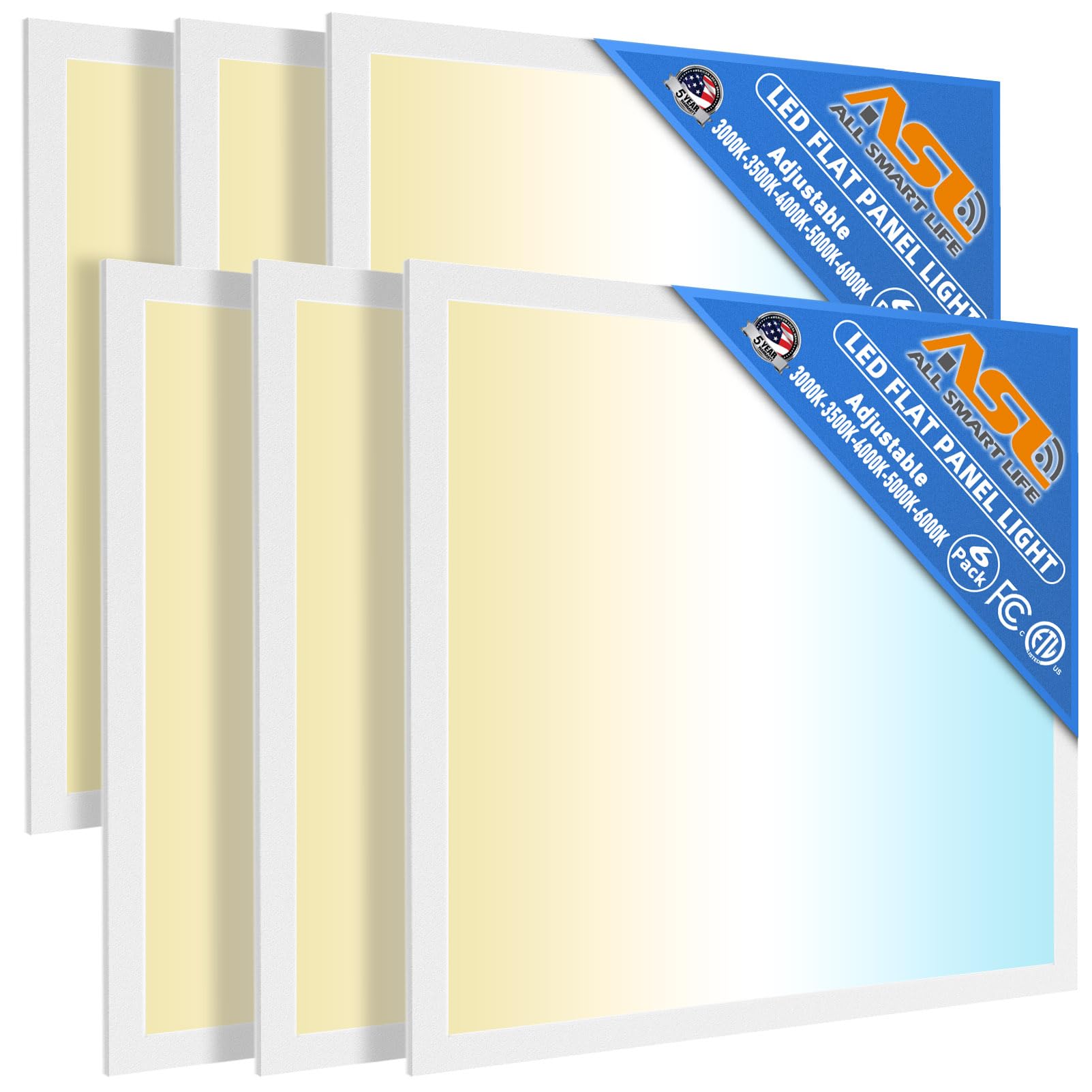 Allsmartlife 2x2 LED Flat Panel Light 6-Pack, 0-10V Dimmable, 5CCT 3000K-3500K-4500K-5000K-6000K, MAX 60W/7200 Lumens, Back-Lit 