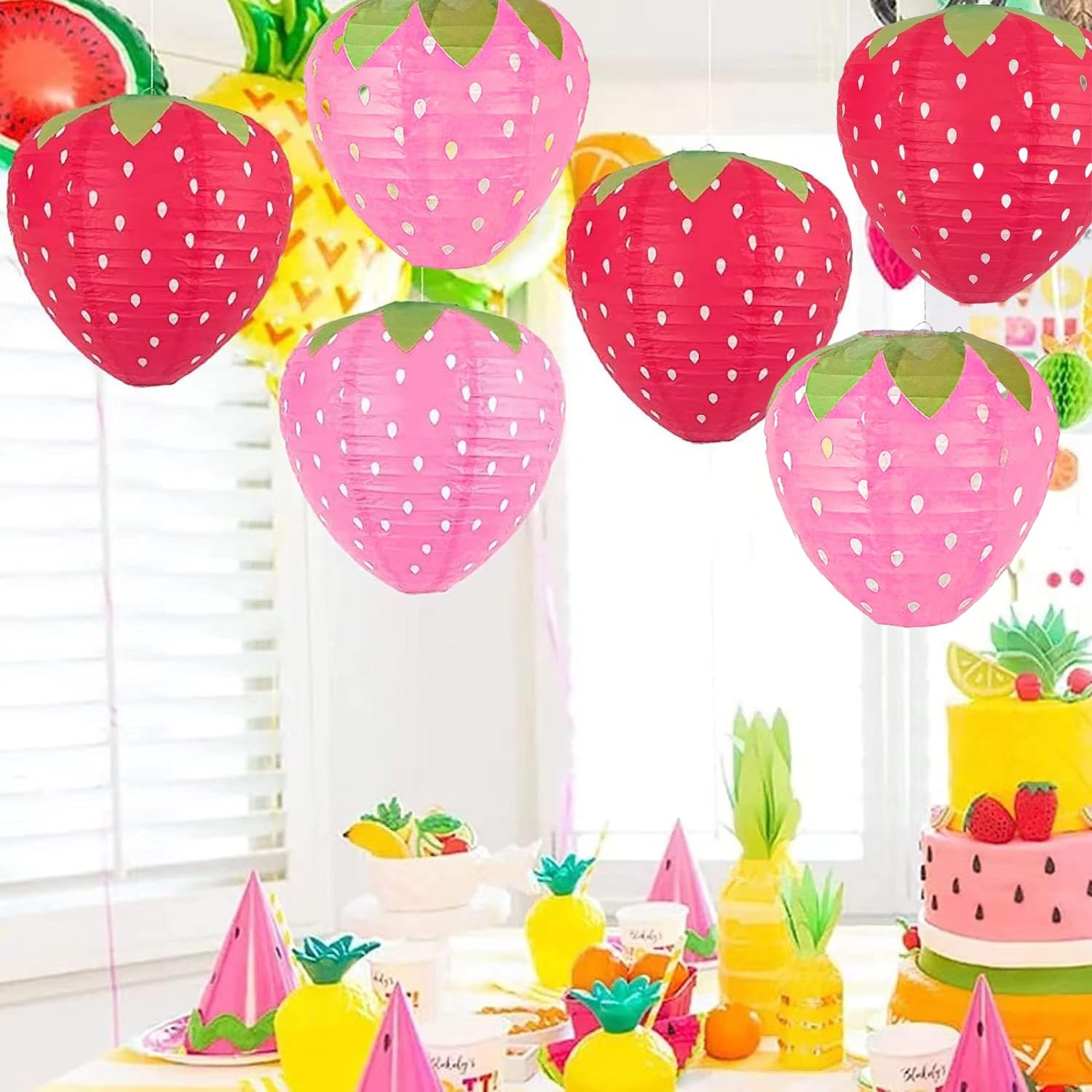 Magnoloran Strawberry Paper Lanterns - 8Pcs Hanging Decorations For Room, Birthday Party, Wedding, Garden - 8 Inch, Red And Pink