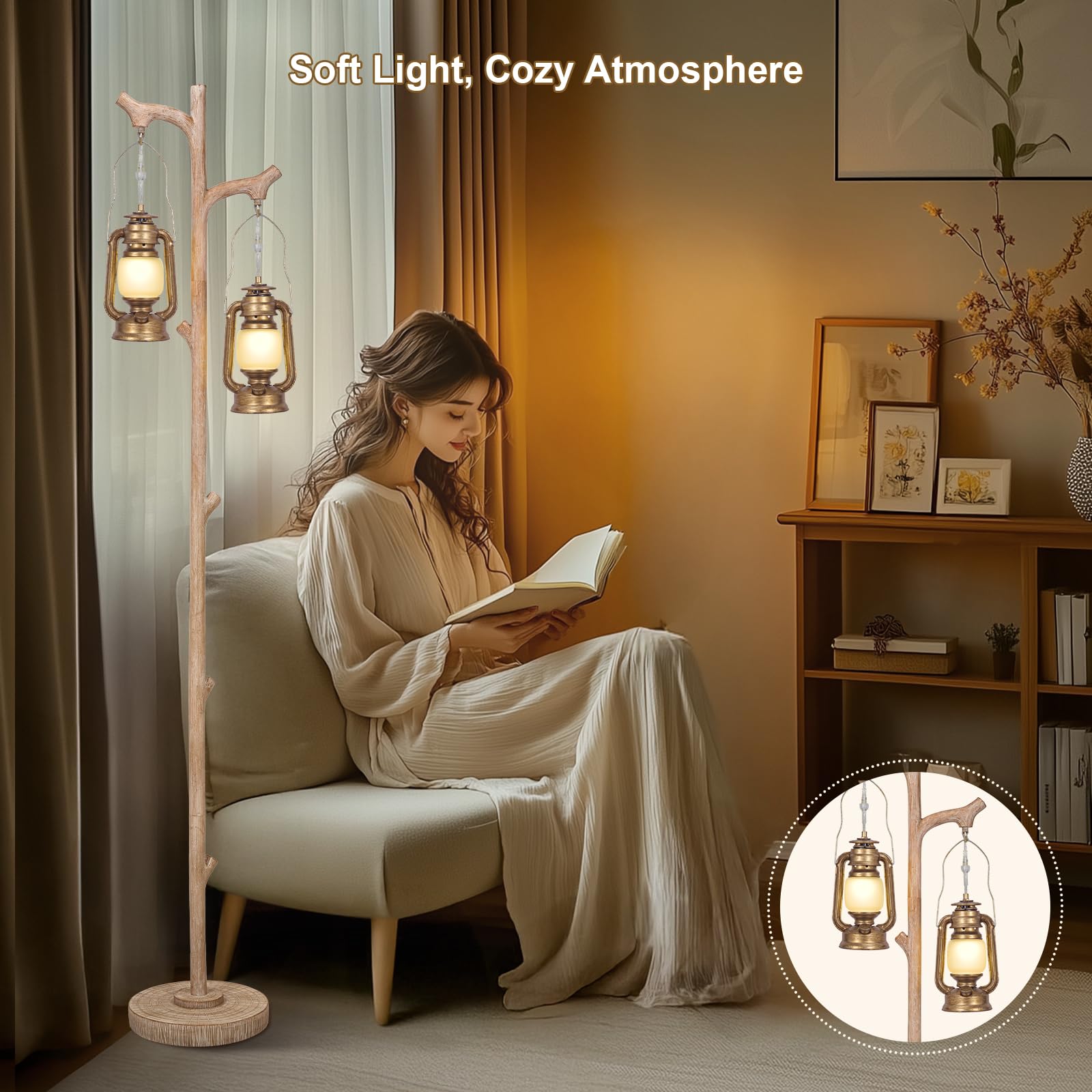 Scenekoy Vintage 68” Tall Floor Lamp, Antique Brass Resin, Dimmable Rustic Light for Living Room & Bedroom, Model SL022-SL