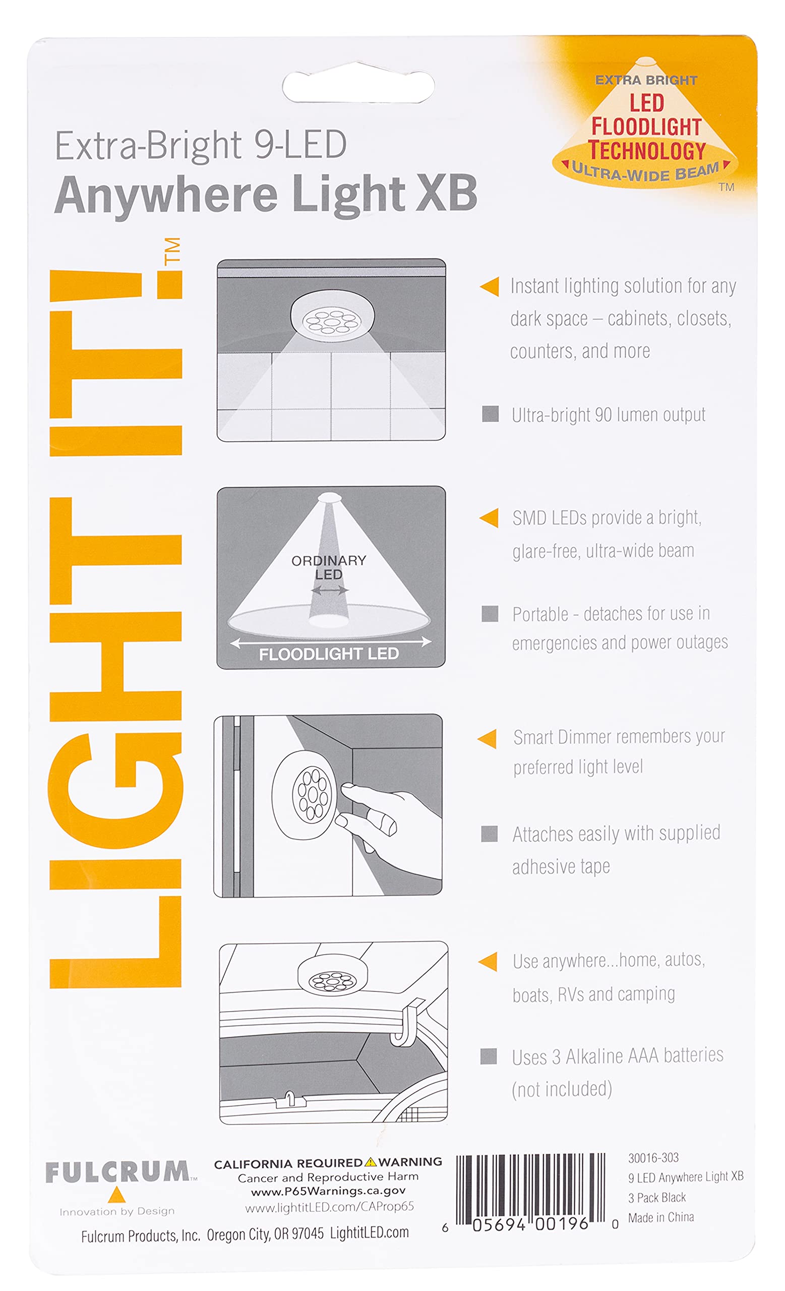 LIGHT IT! by Fulcrum, 30016-303 9-LED Anywhere Light XB, Black, 3 Pack