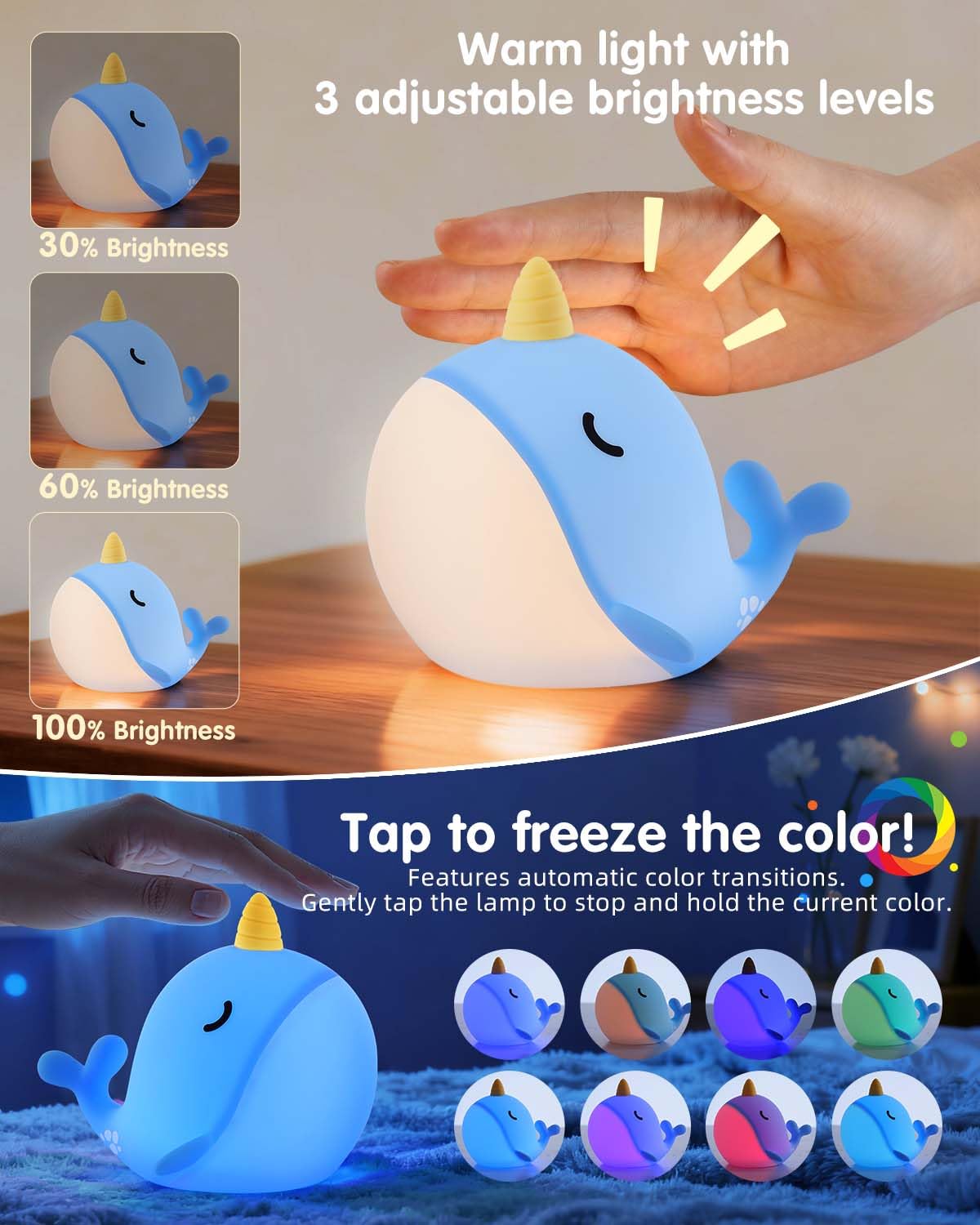 Fuloon Narwhal Night Light - Squishy Silicone Kids Lamp, USB-C Rechargeable, Blue, Small, Model DH-BFLD30