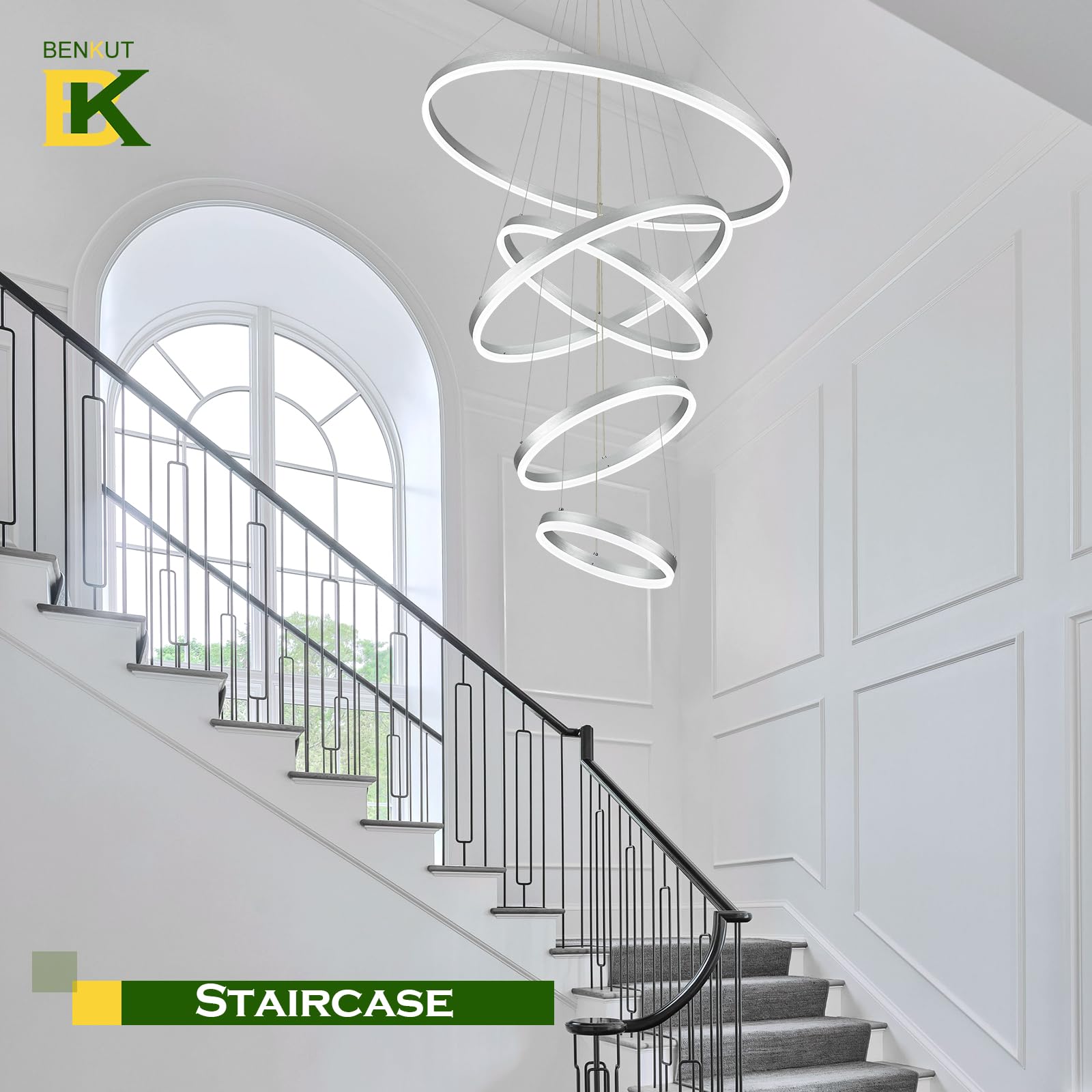 Benkut Modern LED Chandelier, 5 Rings, Silver, Dimmable, 3000K-6500K, Model P60-5SDC1, for Foyer/Dining
