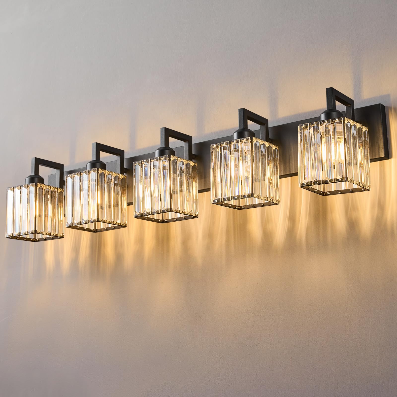 FDPBY Modern Crystal Bathroom Vanity Light - 5-Light Black Wall Lamp, Metal, Model JW-003