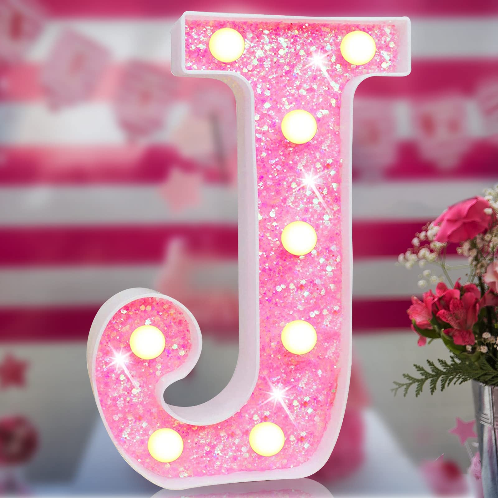 Elnsivo Pink LED Marquee Letter Light Sign, Glitter Acrylic, Battery Powered, Model 151da112, Perfect for Bedroom and Party Decorations