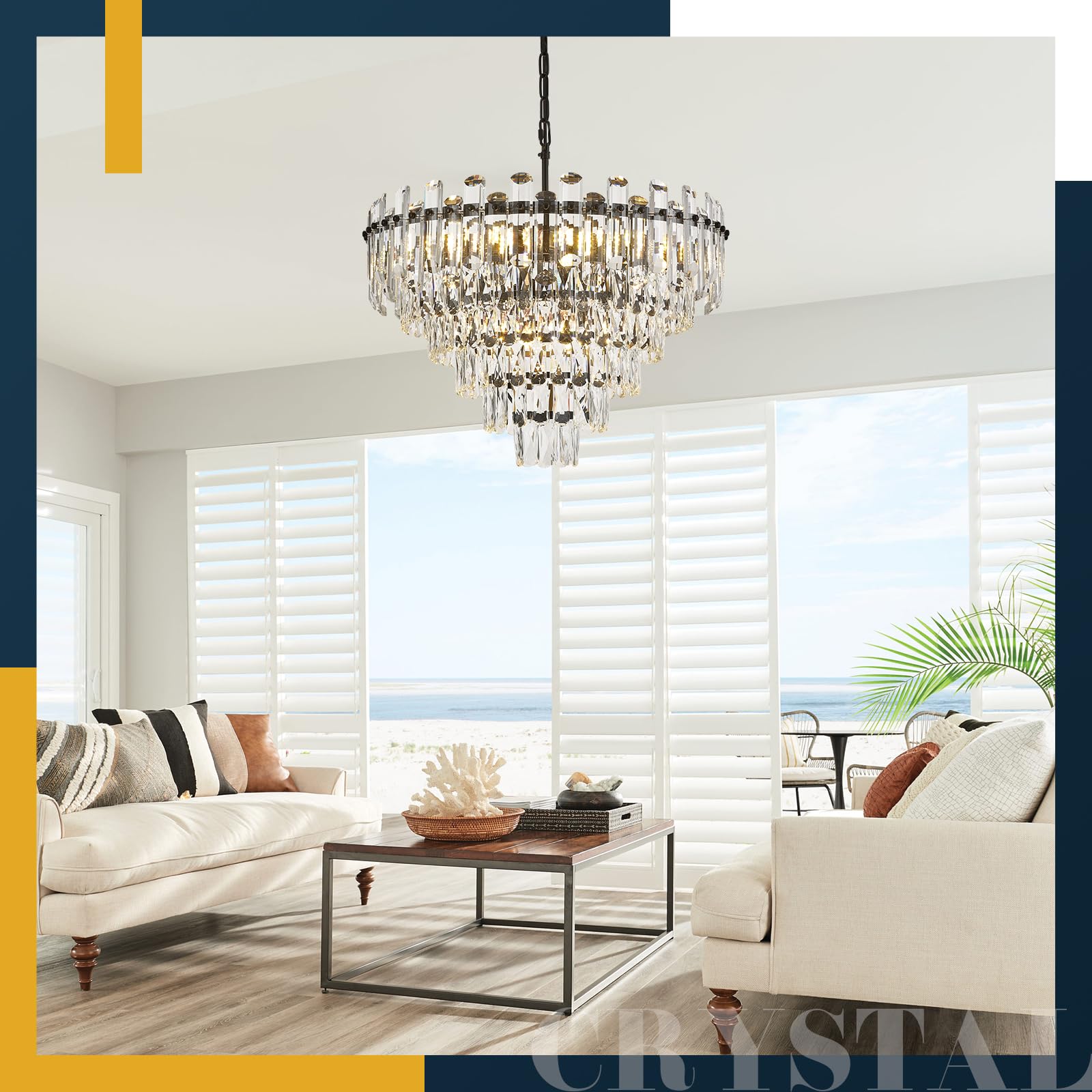 Brfaixla 6-Tiers Modern Crystal Chandelier Black 12-Light 23.6 Contemporary Round Pendant Chandeliers Light stylish Ceiling Hanging Lighting For Living Dining Room Bedroom Kitchen Island Foyer
