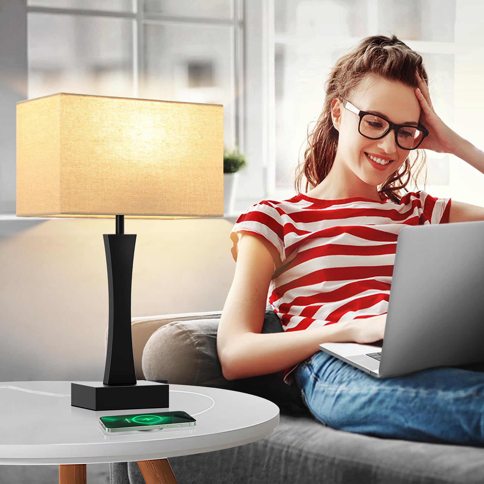 Seealle Bedside Lamps Set of 2 - 3 Way Dimmable, Touch Control, USB C+A Ports, Metal, Medium, Beige&Black