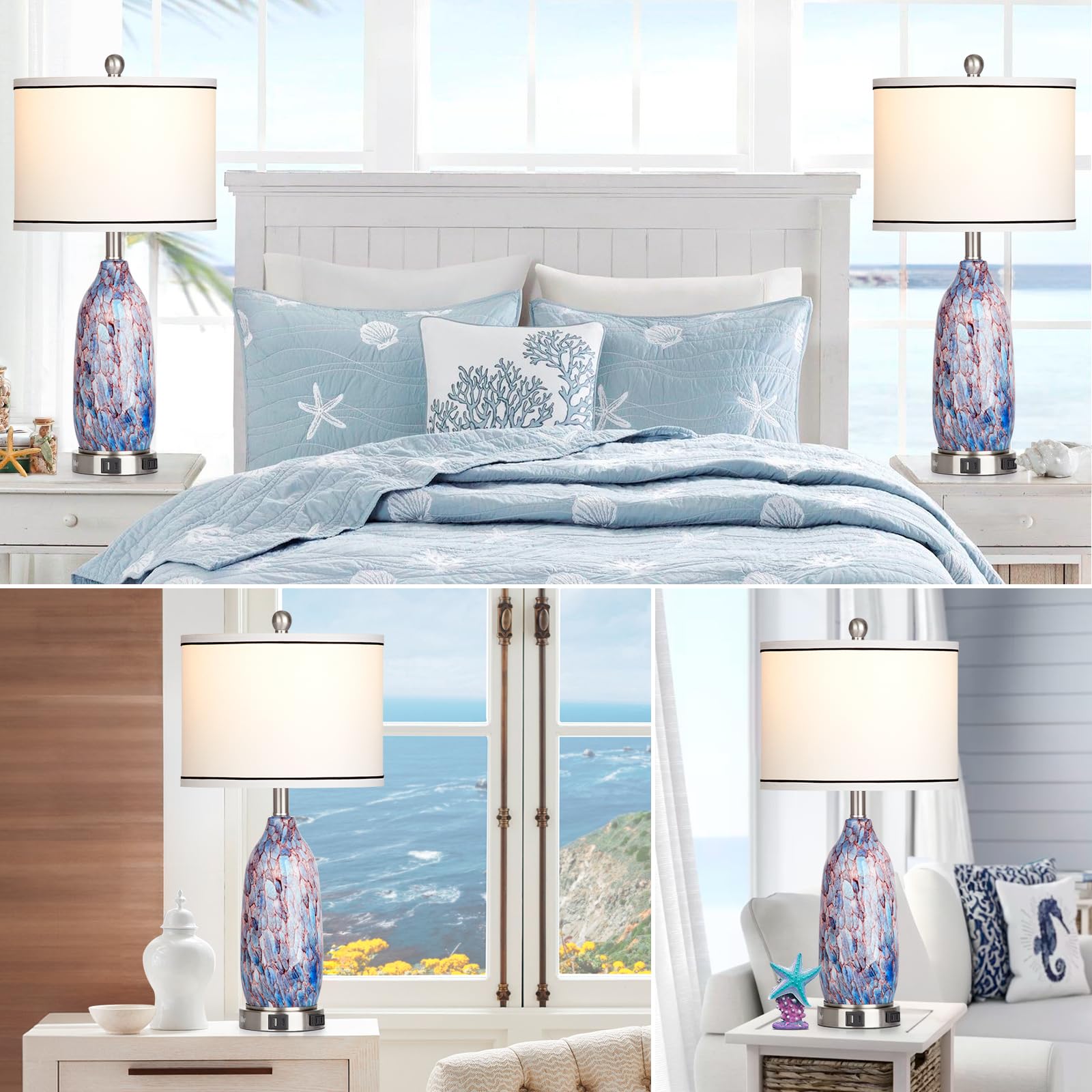 Rinweey 26'' Coastal Glass Table Lamps Set Of 2,Nautical Lamp With Usb A+C Ports & Ac Outlet,Bule Bedside Lamps With 3-Way Dimma