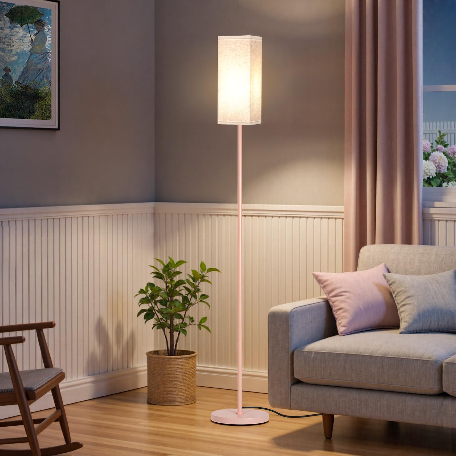 GOEBLESON Floor Lamp, Modern Standing Lamp with Foot Switch, Metal, 64.6in, Beige + Pink, Model PE07LD05, ETL Listed