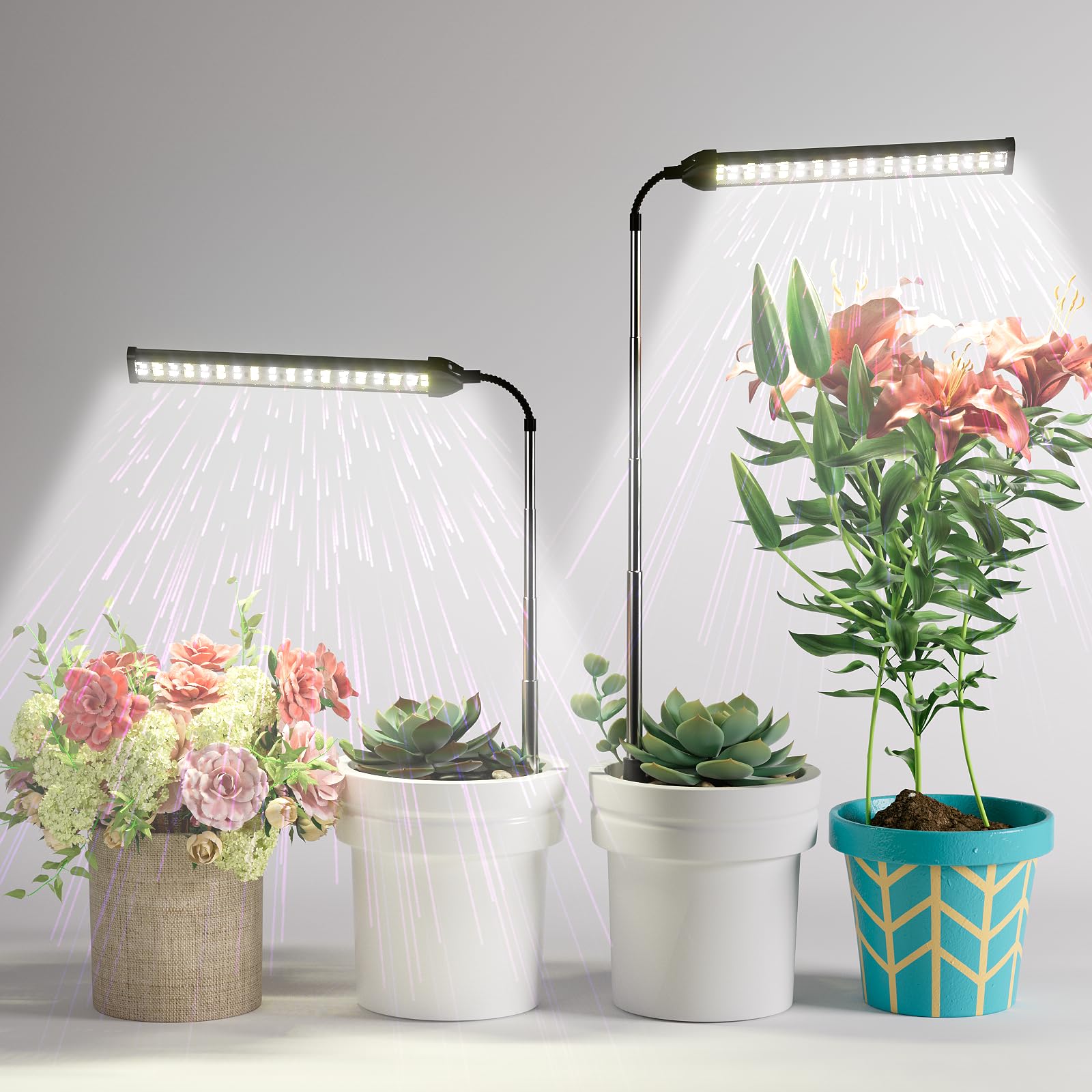 Weeleegoo Led Grow Light 2 Pack, 6000K White Full Spectrum 144 Led Gooseneck Growing Lamp For Indoor Plants Growth,4 8 12 18Hrs Timer & Brightness Changeable,Insert Pole Extendable 4-10''