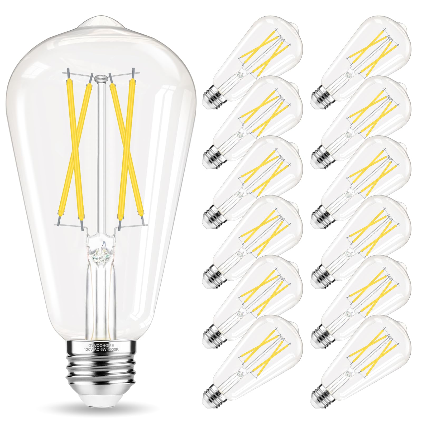 Gvvoohome Edison Bulbs 60 Watt Led, E26 Led Bulb Non-Dimmable, 4000K Daylight White, St58 Vintage Light Bulbs, 90+ Cri, E26 Medi