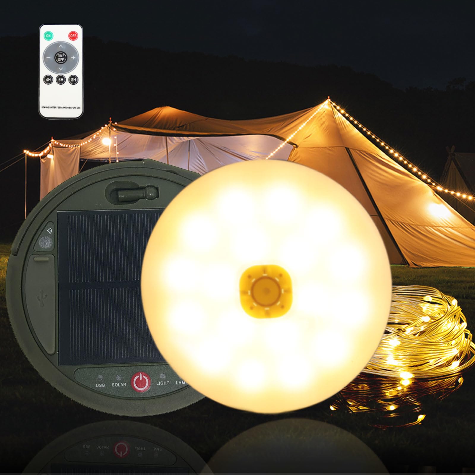 Solar Camping String Lights, 39Ft 120Led Stowable String Lights With 8 Lighting Modes, Usb Rechargeable, Ip64 Waterproof Solar S