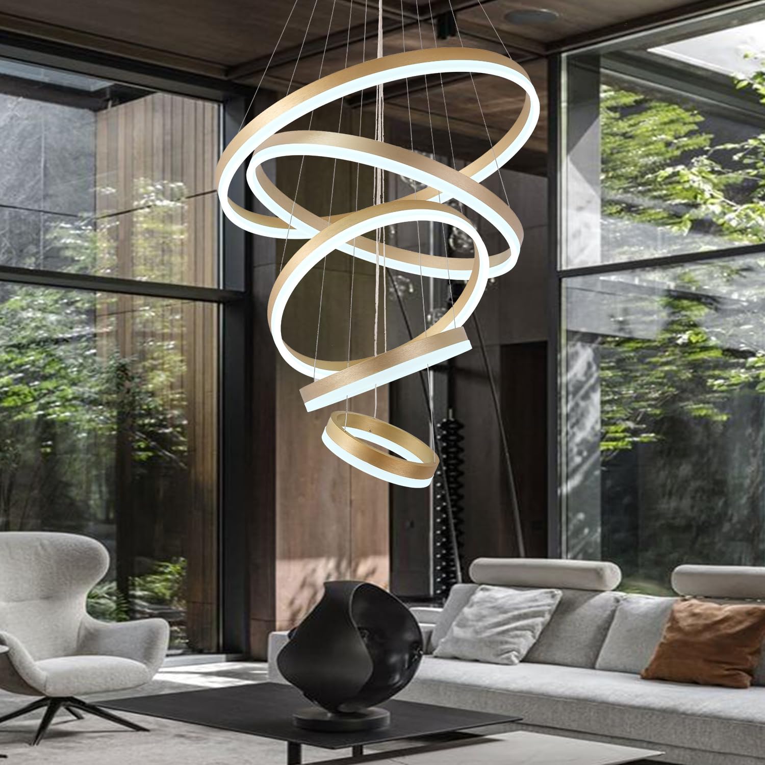 Modern Gold Chandelier,Gold Modern Led Pendant Light 5 Ring Dimmable Led Chandelier For Dining Room Light Fixture For Kitchen Island Lighting Over Table, Height Adjustable Dining Room Chandelier