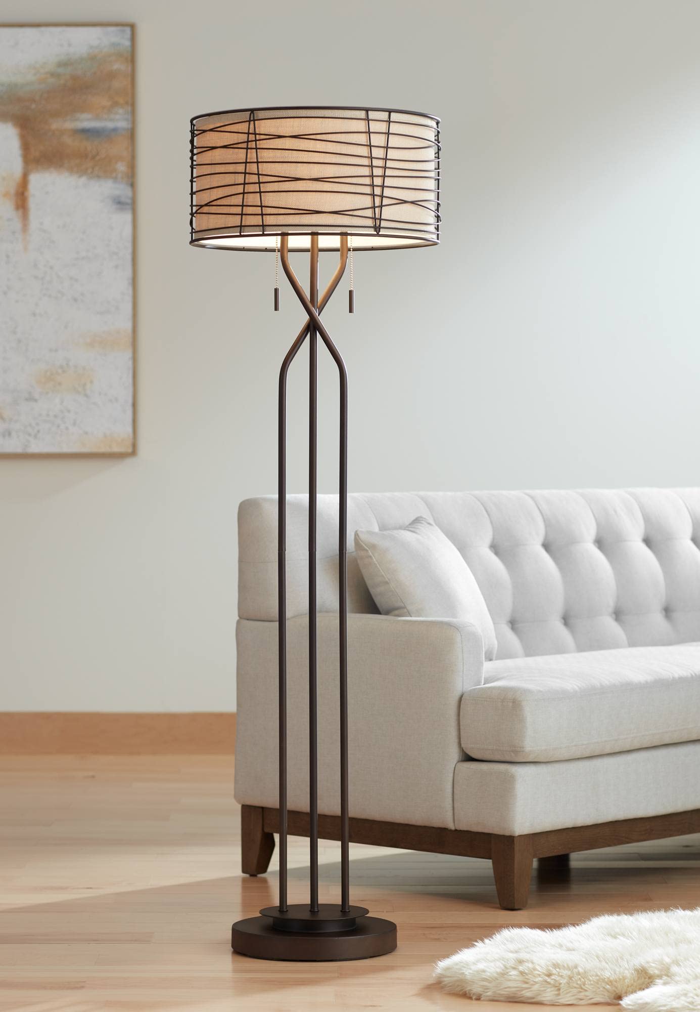 Franklin Iron Works Marlowe Floor Lamp, 60.5in Tall, Bronze Metal with Burlap Fabric Shade, Industrial Rustic Design for Living Room/Bedroom