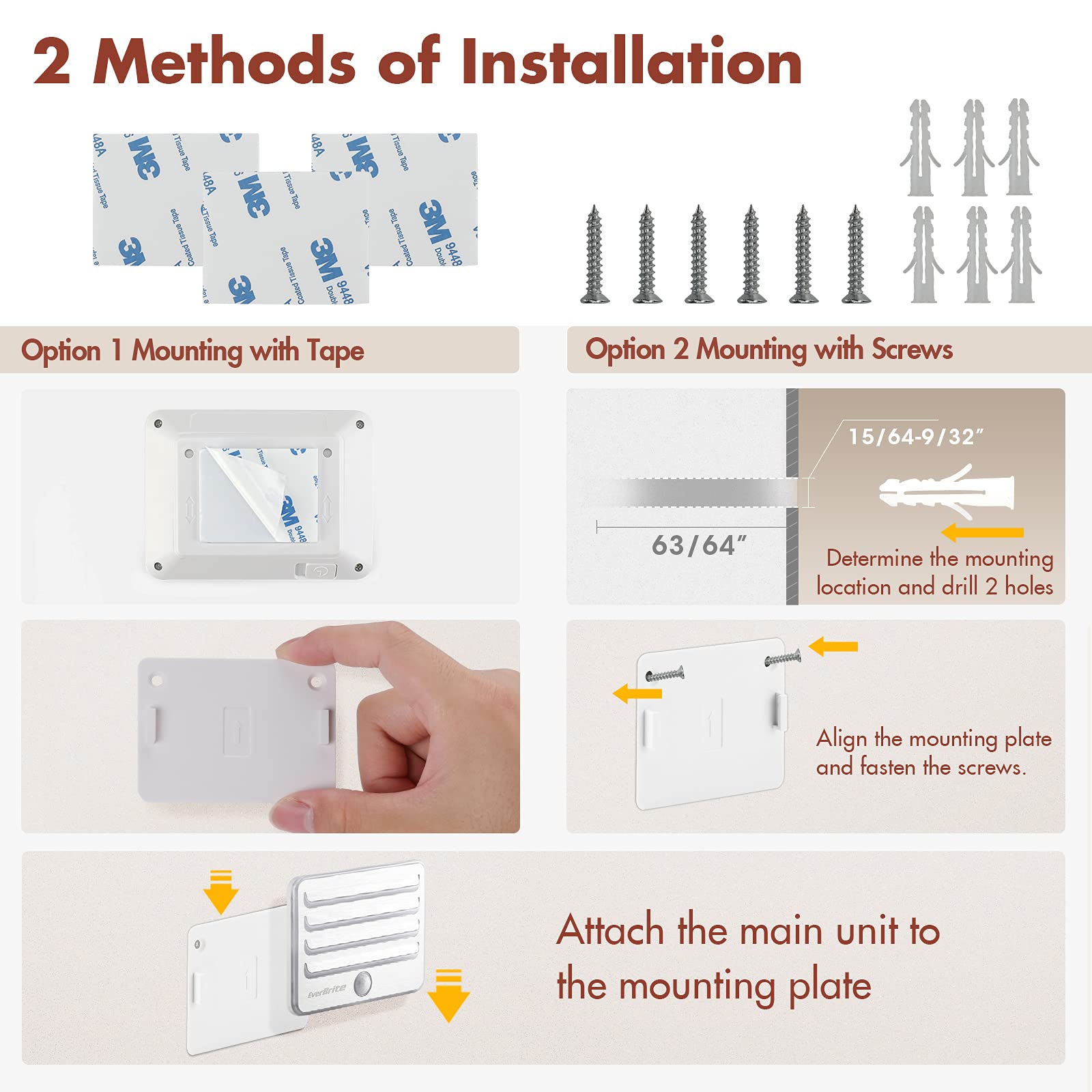 Everbrite Motion Sensor Night Lights, Led Soft Warm Light, Battery Powered Auto Stick-On Night Light For Bedroom, Bathroom, Stair, Closet, 9 Aa Batteries Included(3 Pack)