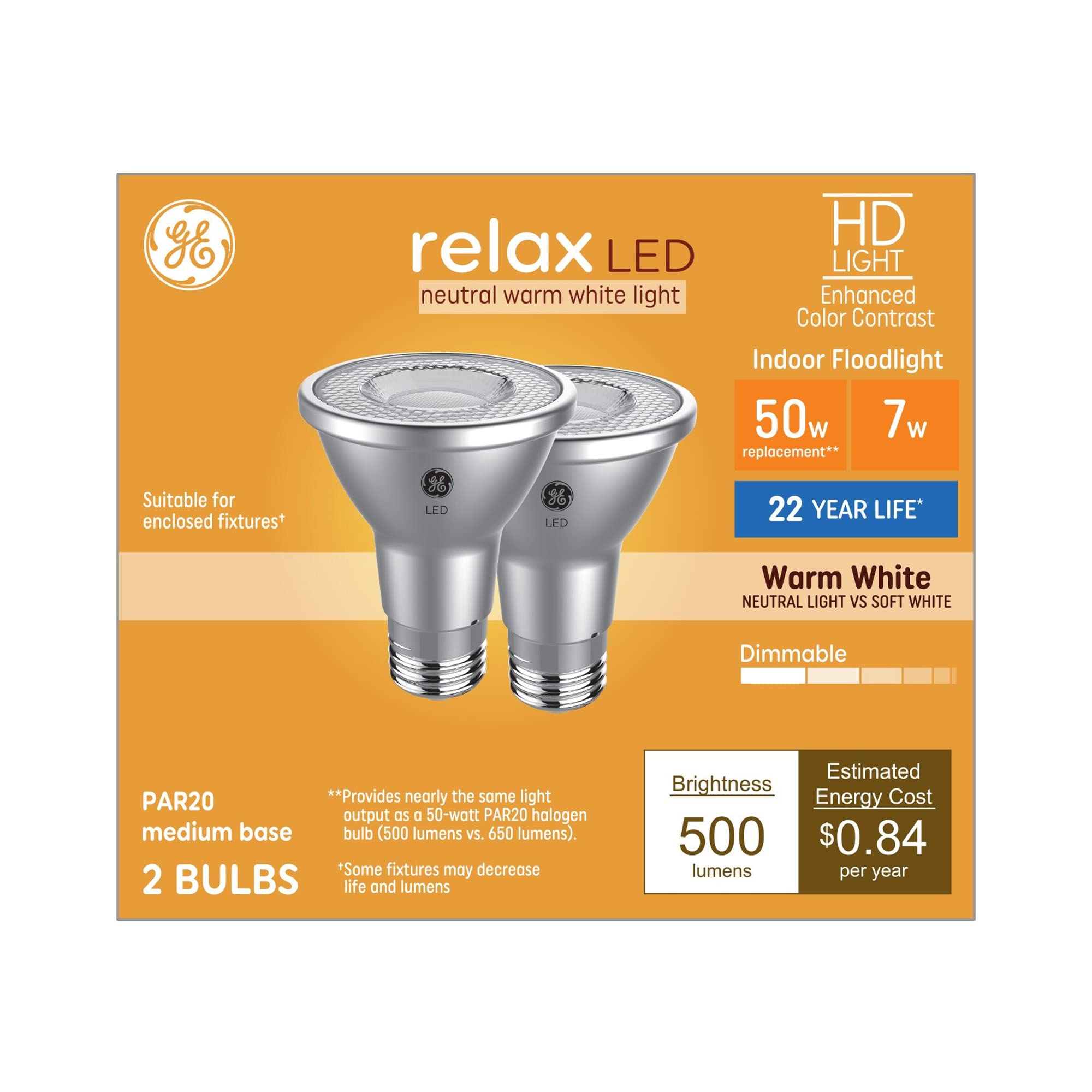 GE Relax HD 50-Watt EQ LED Par20 Warm White Medium Base (e-26) Dimmable Flood Light Bulb 2 Count