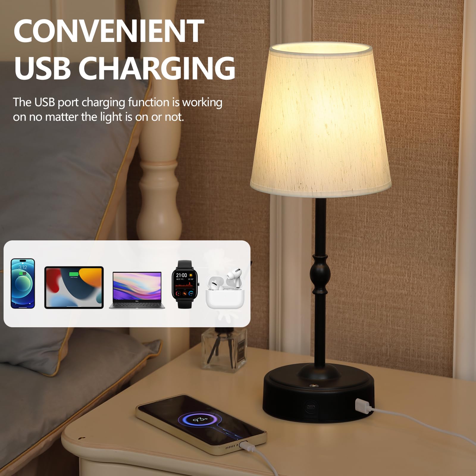 Meixisue Portables Cordless Led Table Lamp With Dimmer,Black Outdoor Desk Lamp10000Mah Wireless Rechargeable Battery Nightstand