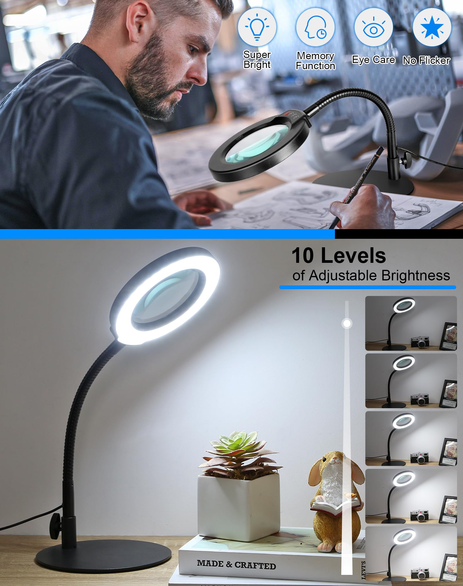 Coyeth Magnifying Glass With Light And Stand, Hands Free Magnifying Lamp, 5 Color Modes 10 Dimmable Brightness, Metal Base Desk