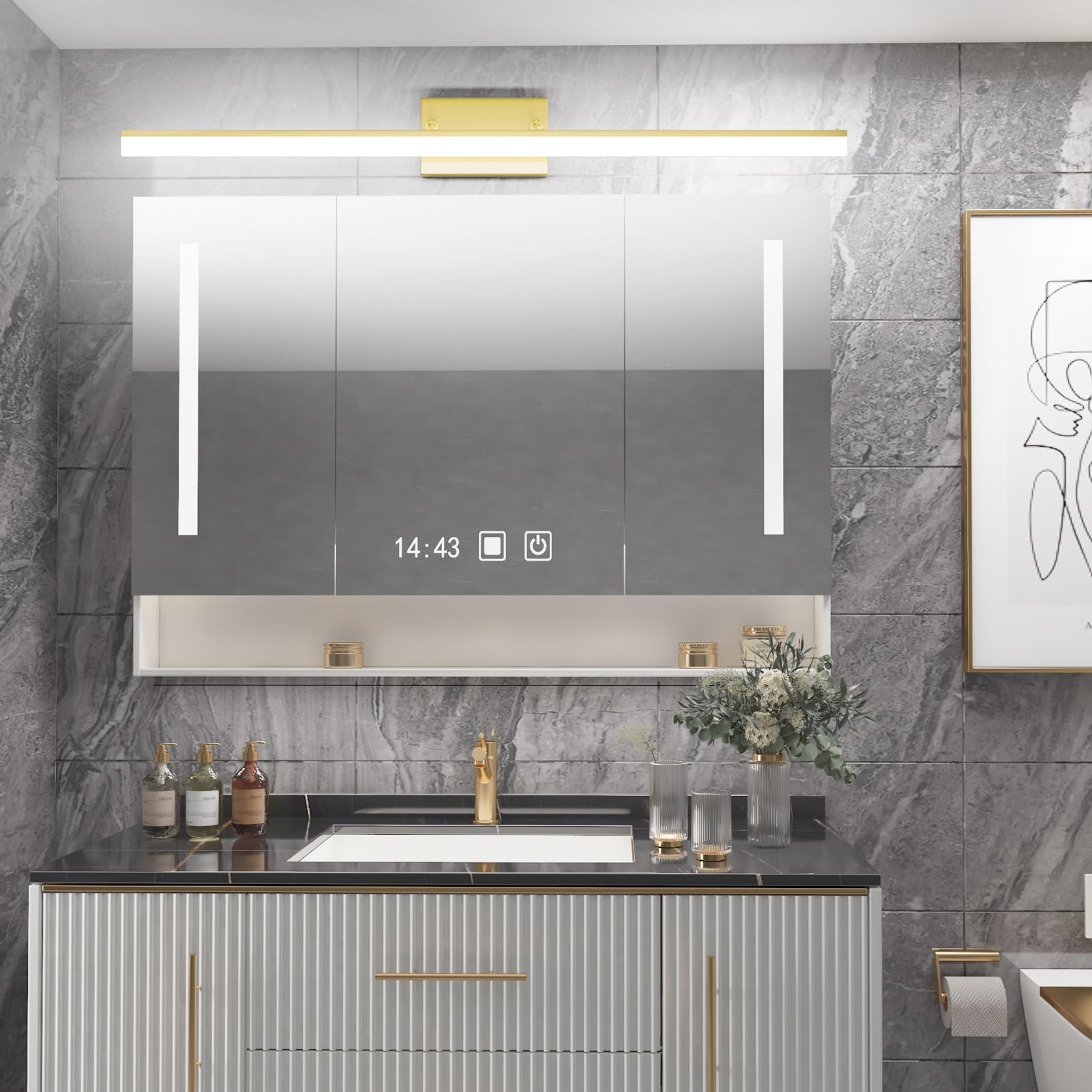 Aipsun 40in Brushed Brass Bathroom Vanity Light Fixture, Dimmable LED, Aluminum, Model 6480-14W, Gold Finish