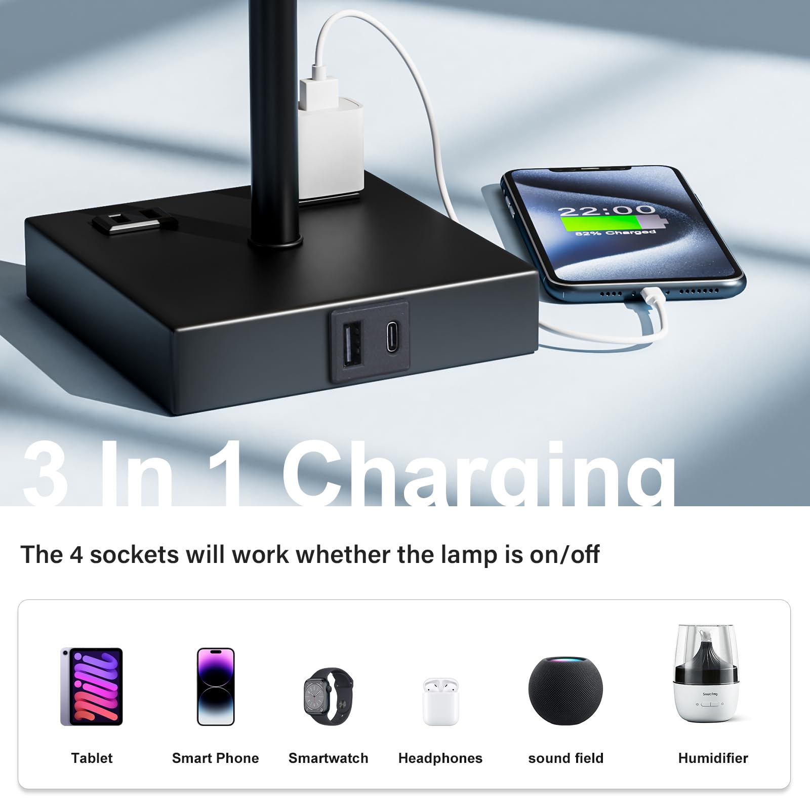 17.4In Tall Table Lamps For Bedroom Set Of 2 - 3 Color Bedside Lamps With Ac Outlets And Usb Ports For Charging, White And Black