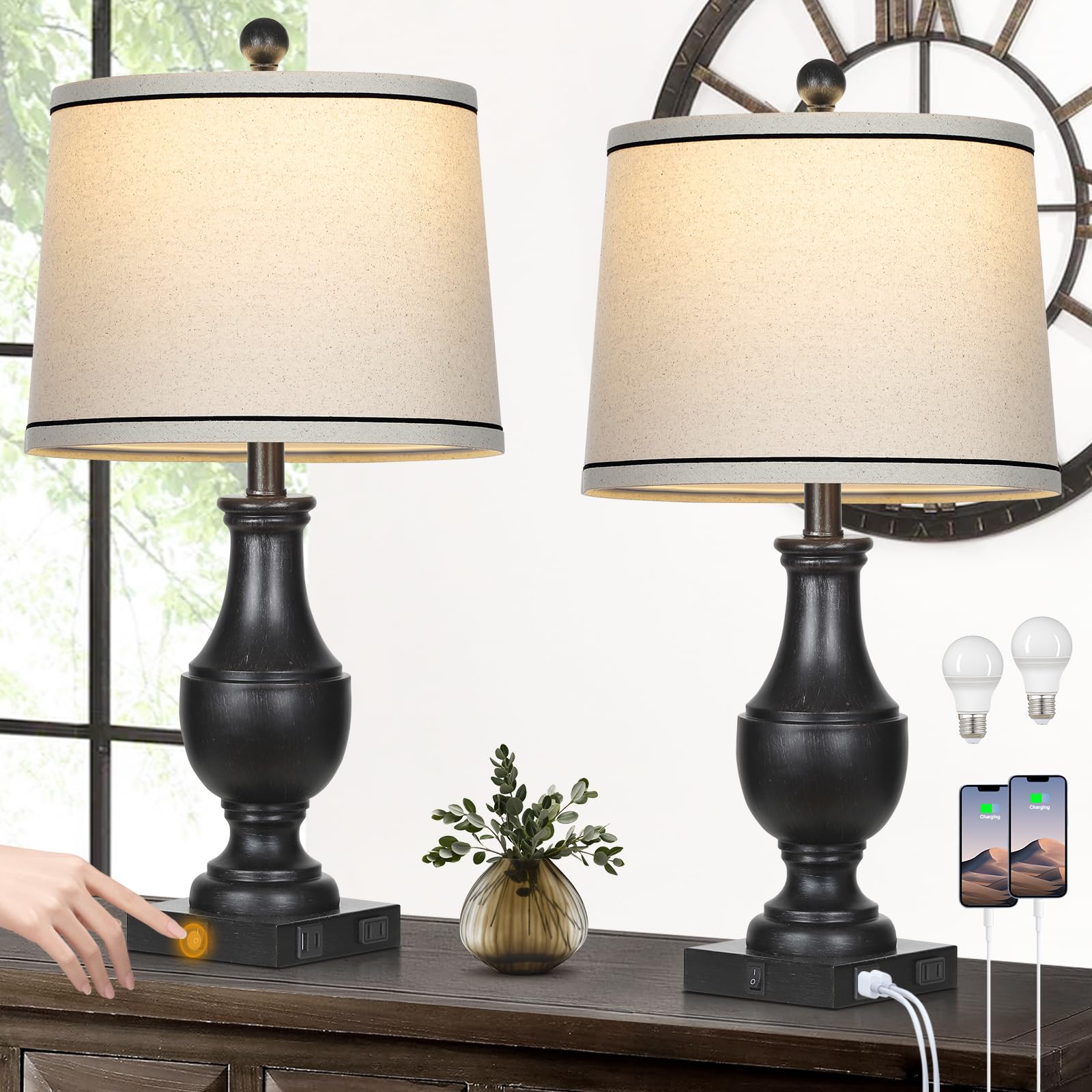 Vintage Farmhouse Lamps Set of 2, 25'' Rustic Retro Table lamps with USB A+C Charging Ports & AC Outlet, Antique Resin Tradition