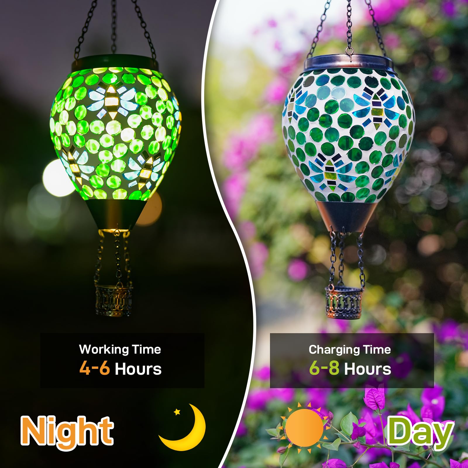 DREAMSKIP Solar Hot Air Balloon Lantern - Green Mosaic Glass, Waterproof Hanging Light for Patio & Garden, Model 49120507