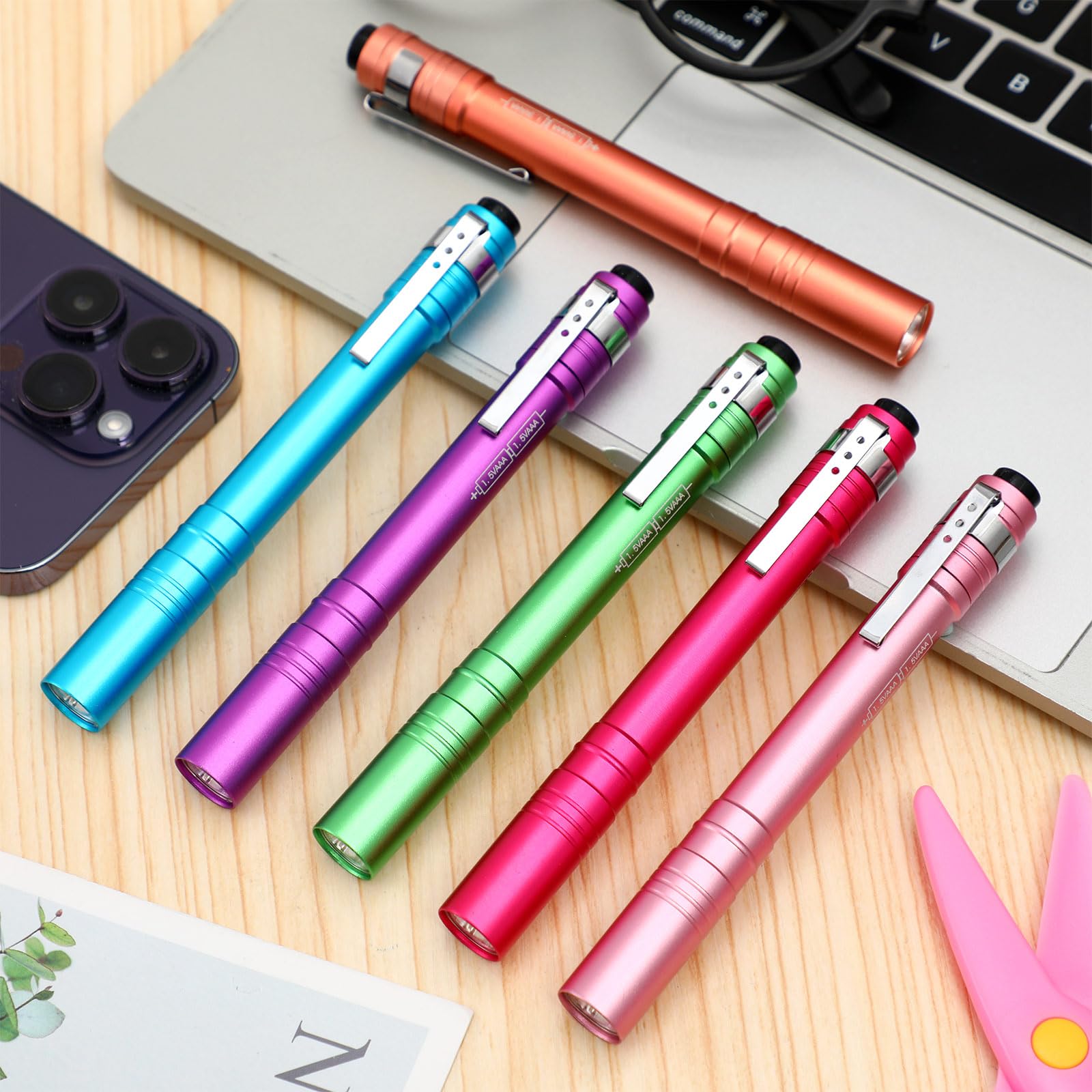 Tujoe LED Penlight 12 Pack, Aluminum Mini Flashlight with Clip, Colorful, Model SEW-Tujoe-1704 for Nurses, Camping, Hiking