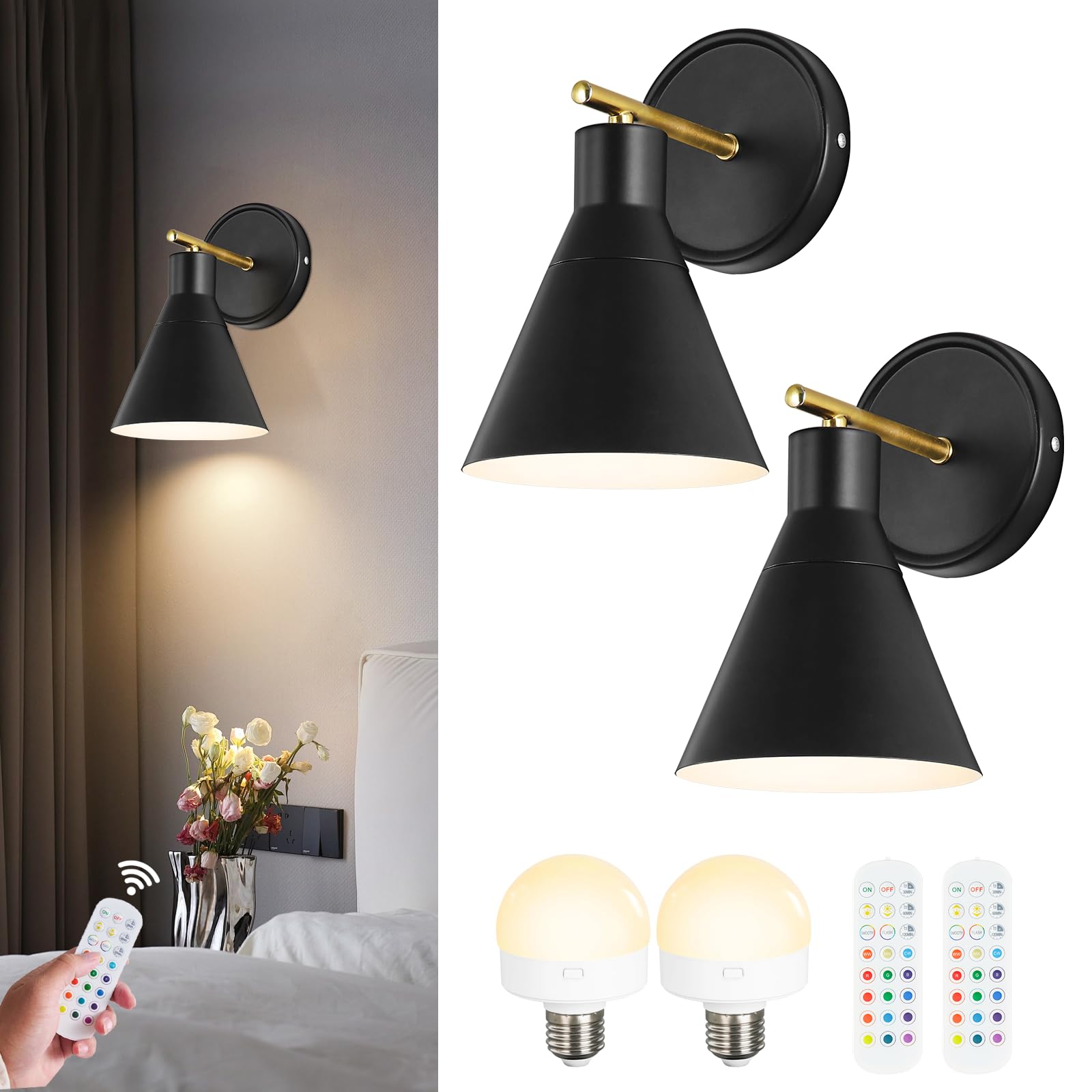 Bailoch Wall Sconces Set of 2, Black Metal Rechargeable Battery Operated, 300LM Dimmable, Model BLWS004B2