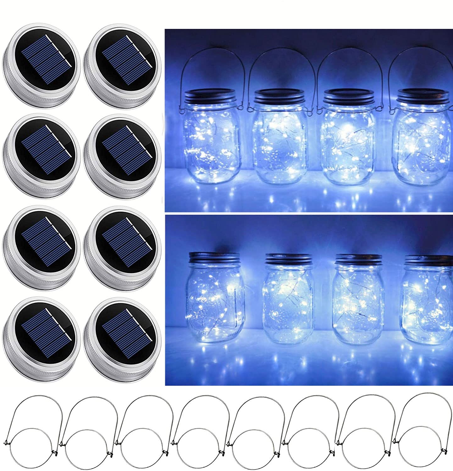 Solar Mason Jar Lid String Lights, 8 Pack 20 Led String Fairy Star Firefly Jar Lids Lights With 8 Hangers Included (Jars Not Inc
