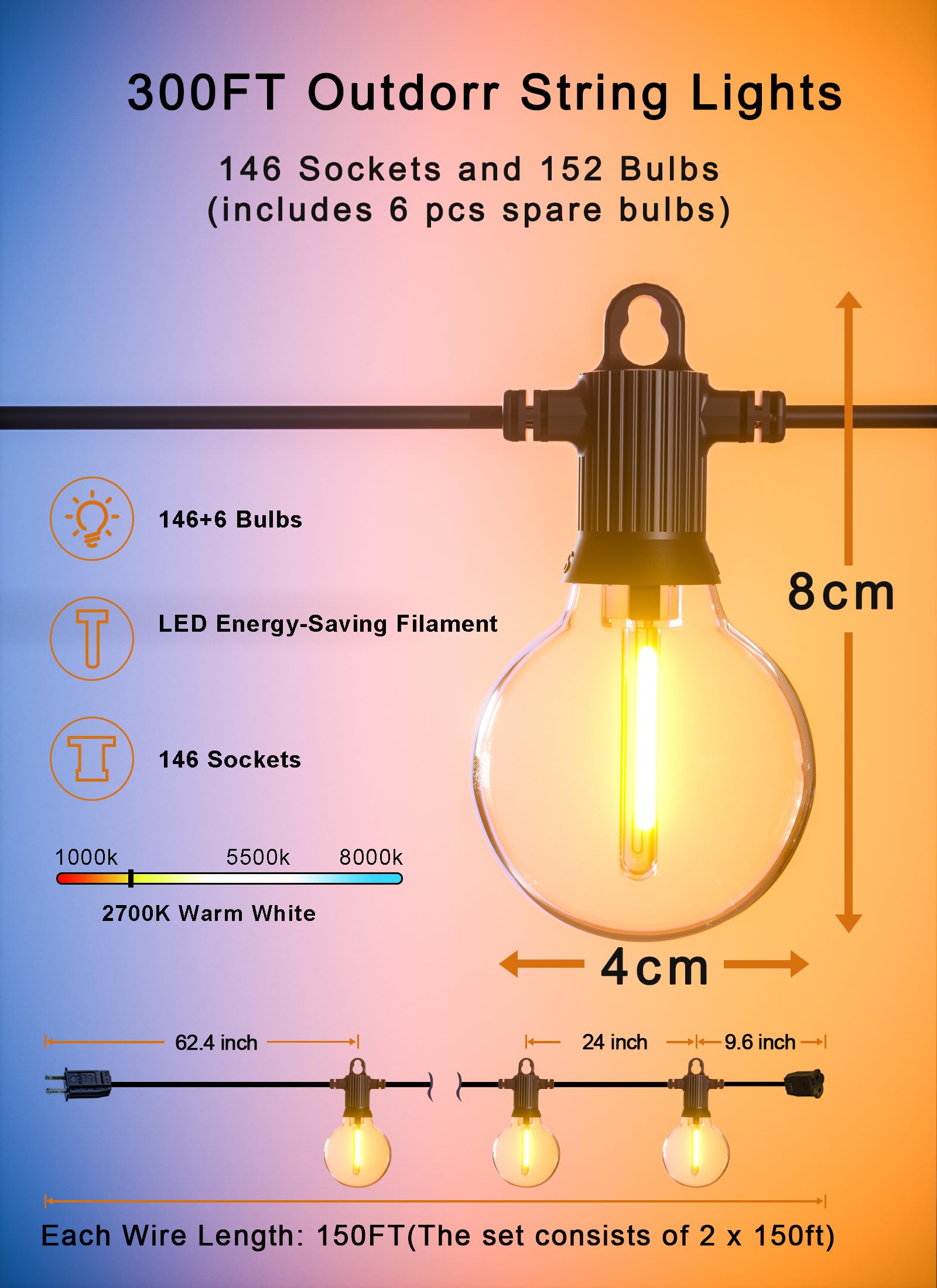 Zuske Outdoor String Lights, 300FT Waterproof LED with 146 G40 Globe Bulbs, Dimmable, Black, Model ESKG40-300FT-146US