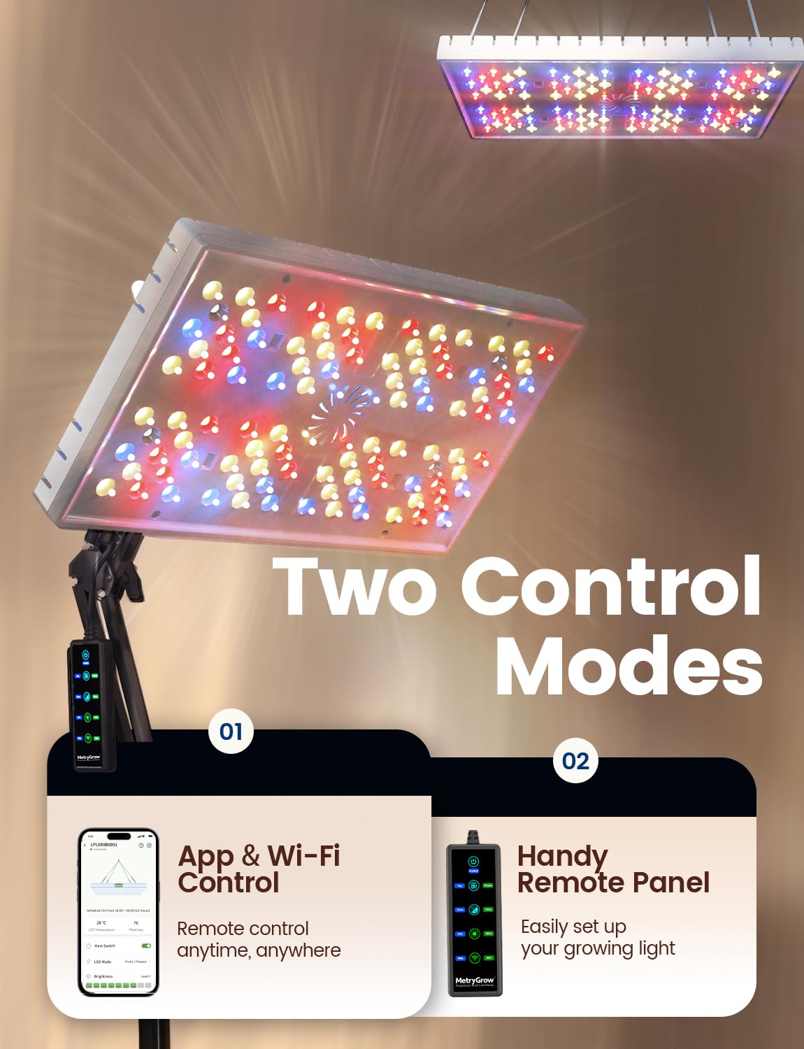 Metrygrow Plant Grow Light, [Smart App & Expansive 2X2 Ft Coverage] Genuine 60W Output Led Full Spectrum For Indoor Plants, 8-Level Brightness, Supports Hanging & Standing, 270° Folding, 360° Rotation