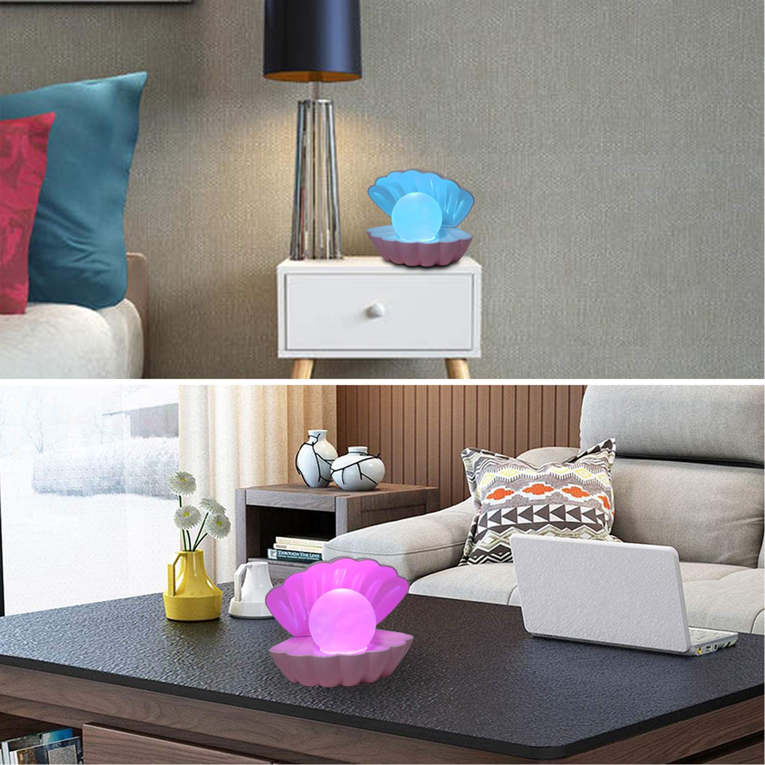 LKUA Pink Shell Pearl Night Light, RGB 8 Colors Changing LED Mood Lamp, Portable Clamshell Bedside Light for Home & Bar Decor