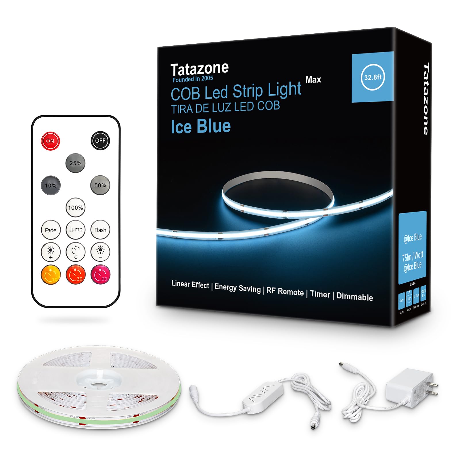 Tatazone 32.8ft Ice Blue COB Led Strip Lights with RF Remote, Dimmable Bright Adhesive Indoor Led COB Light Strip for Cabinet, P