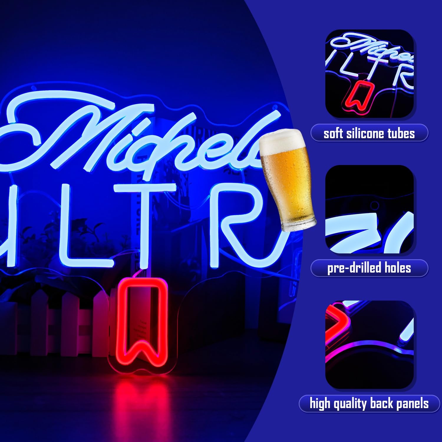 Geeinar Beer Neon Sign - Dimmable LED Wall Decor for Man Cave, Bedroom, Pub, Bistro - Blue & Red Acrylic Light Up Sign
