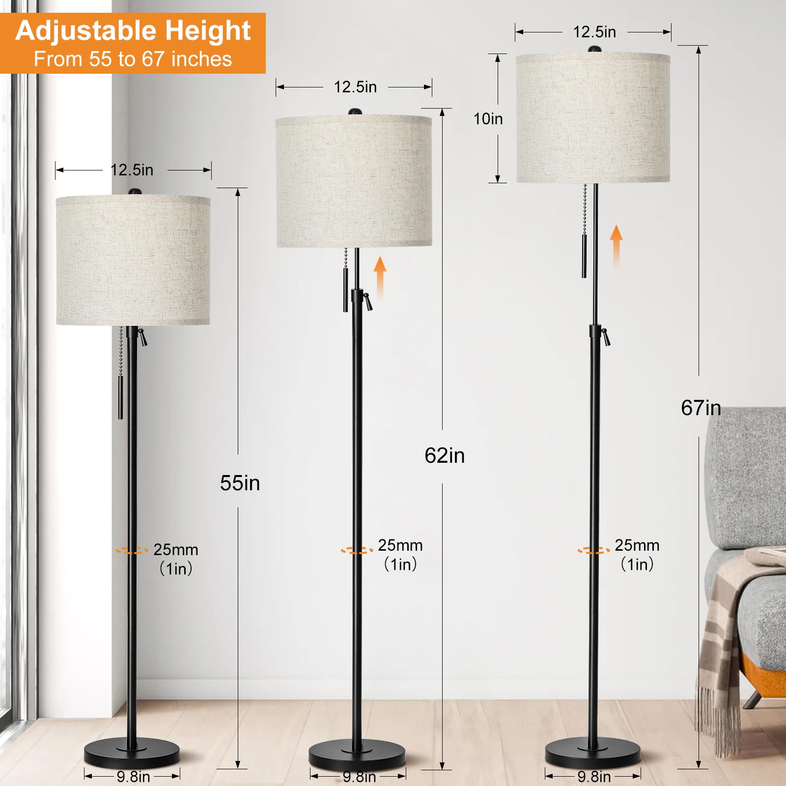 Adjustable Height Floor Lamp For Living Room, Black Standing Lamp, Floor Lamp For Bedroom Office, Modern Tall Floor Lamp With Li