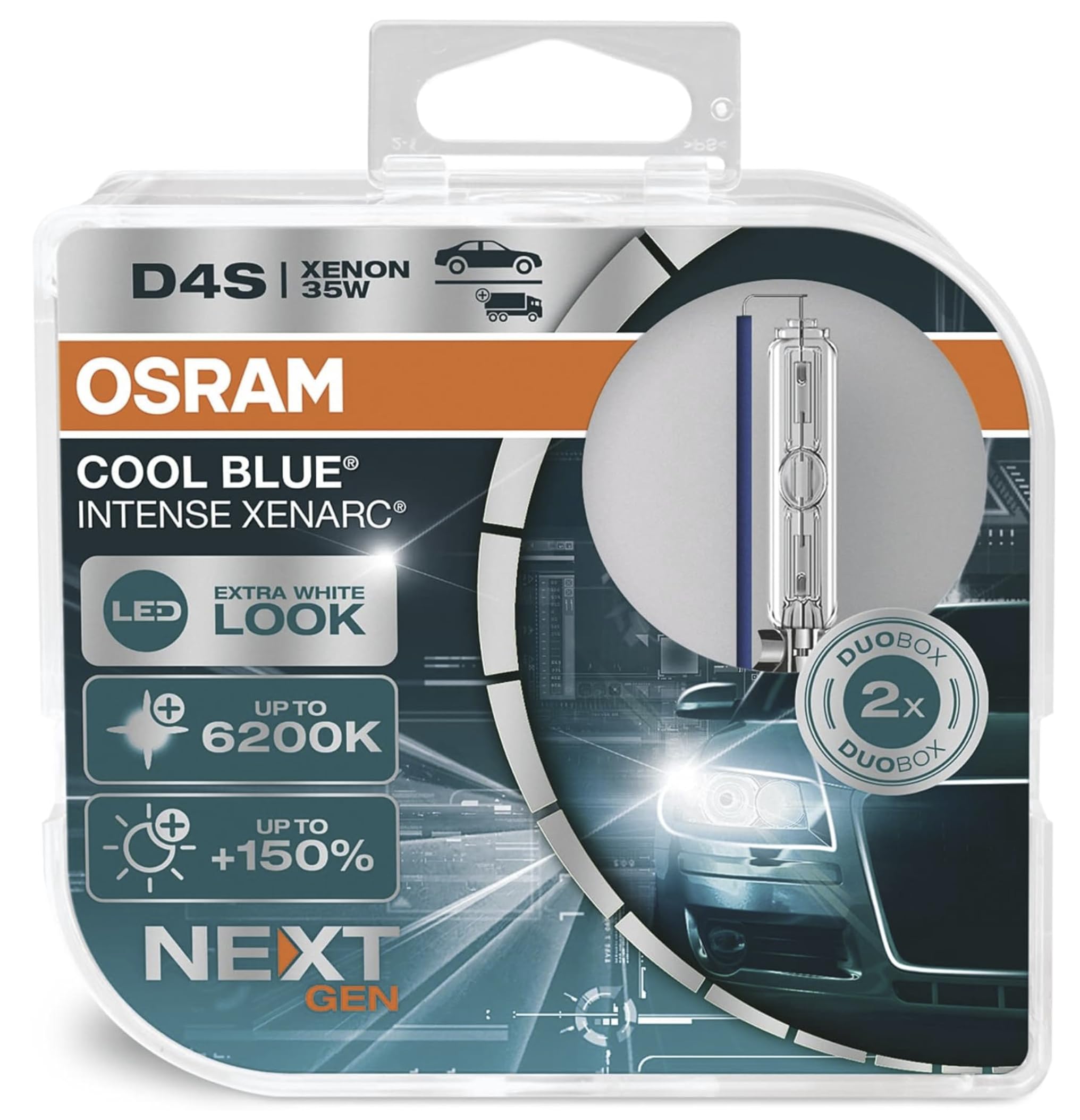 OSRAM XENARC COOL BLUE INTENSE D4S, +150% more brightness, up to 6,200K, xenon headlight lamp, LED look, duo box (2 lamps)