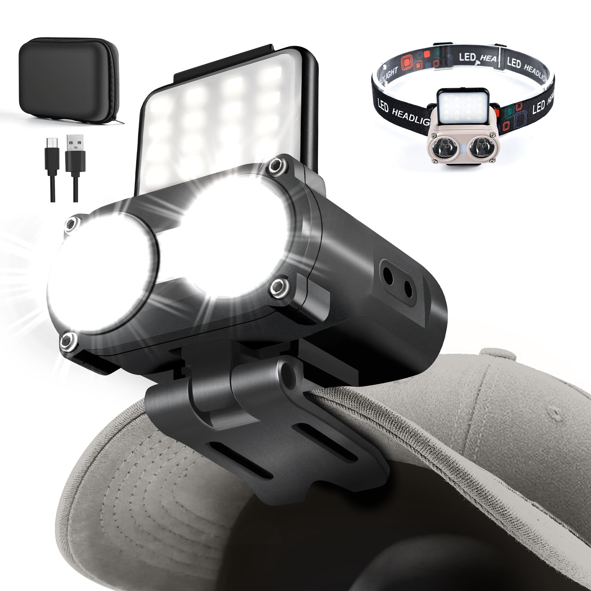 Hopedone Led Hard Hat Light, 800Lumens Rechargeable Dimmable Clip On Cap Lights, 180Adjustable Hands Free Hat Flashlight Headlam