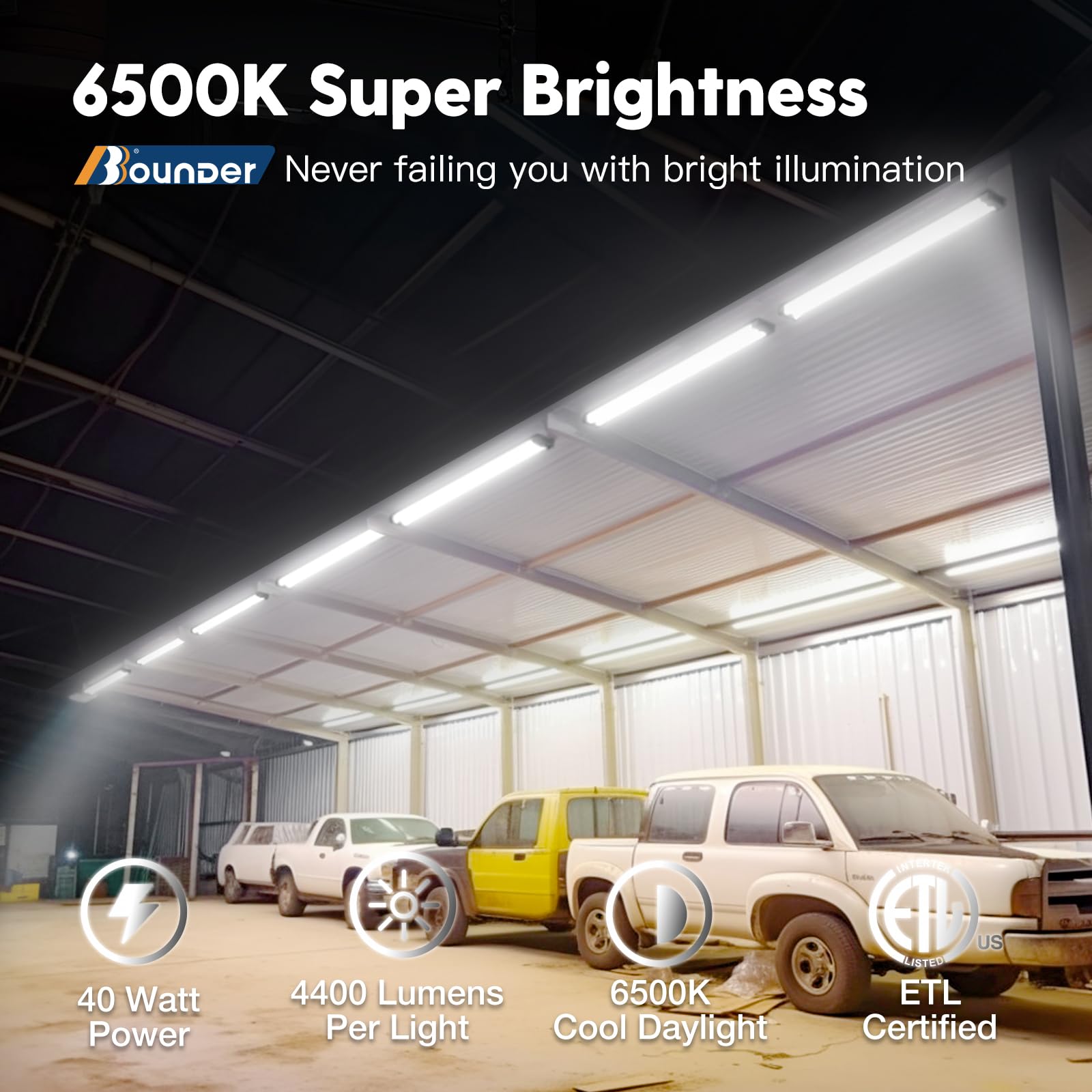 BBOUNDER Linkable LED Shop Light, 12 Pack, 4FT, 6500K Cool Daylight, 4400 LM, Black with Reflector, Surface & Suspension Mount