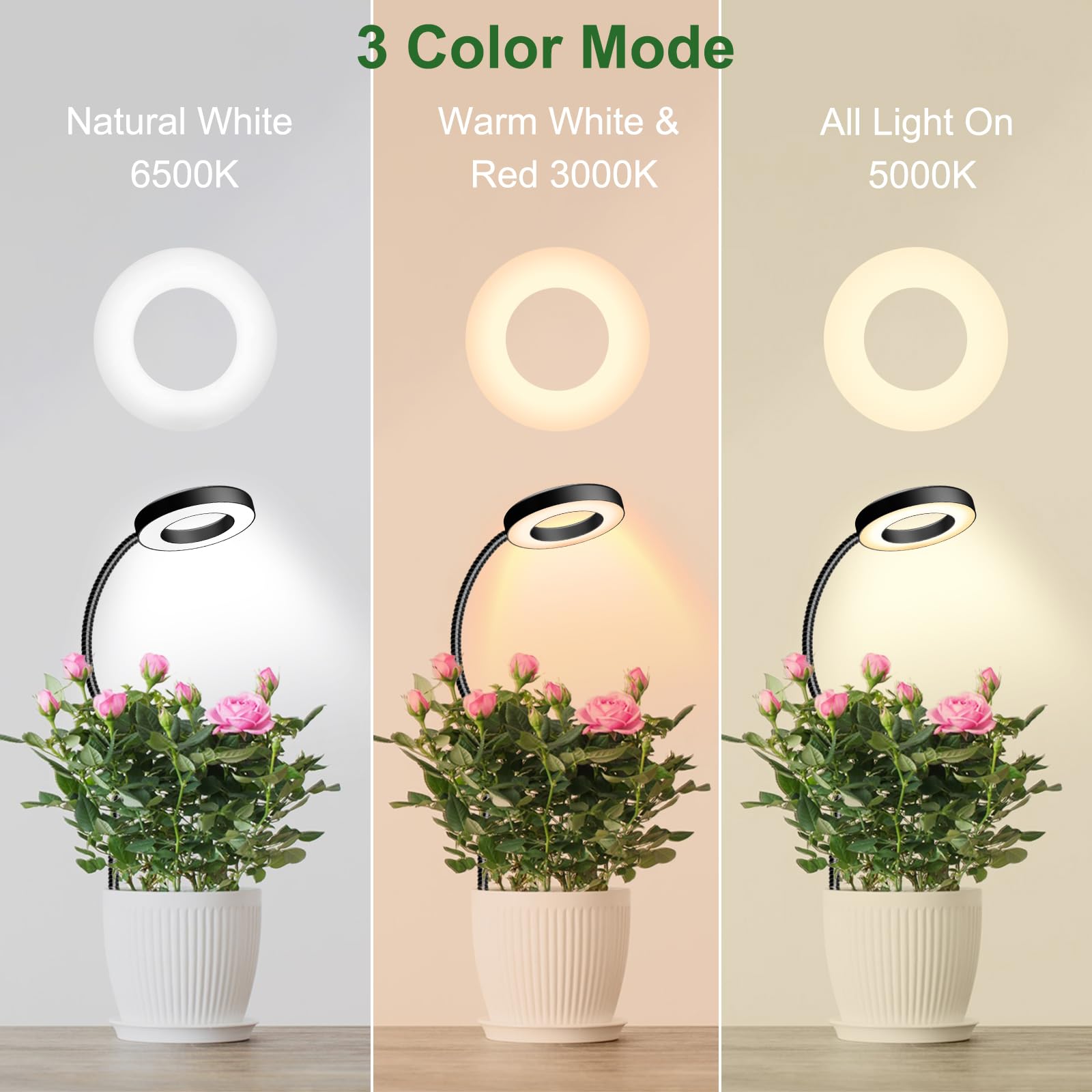 Wolezek 2 In 1 Grow Lights For Indoor Plants, 3 Colors Plant Lights For Indoor Growing With 360° Gooseneck, 48 Leds Full Spectrum Plant Grow Lights Indoor, 6/12/16H Timer, 5 Brightness, Black 3 Pack