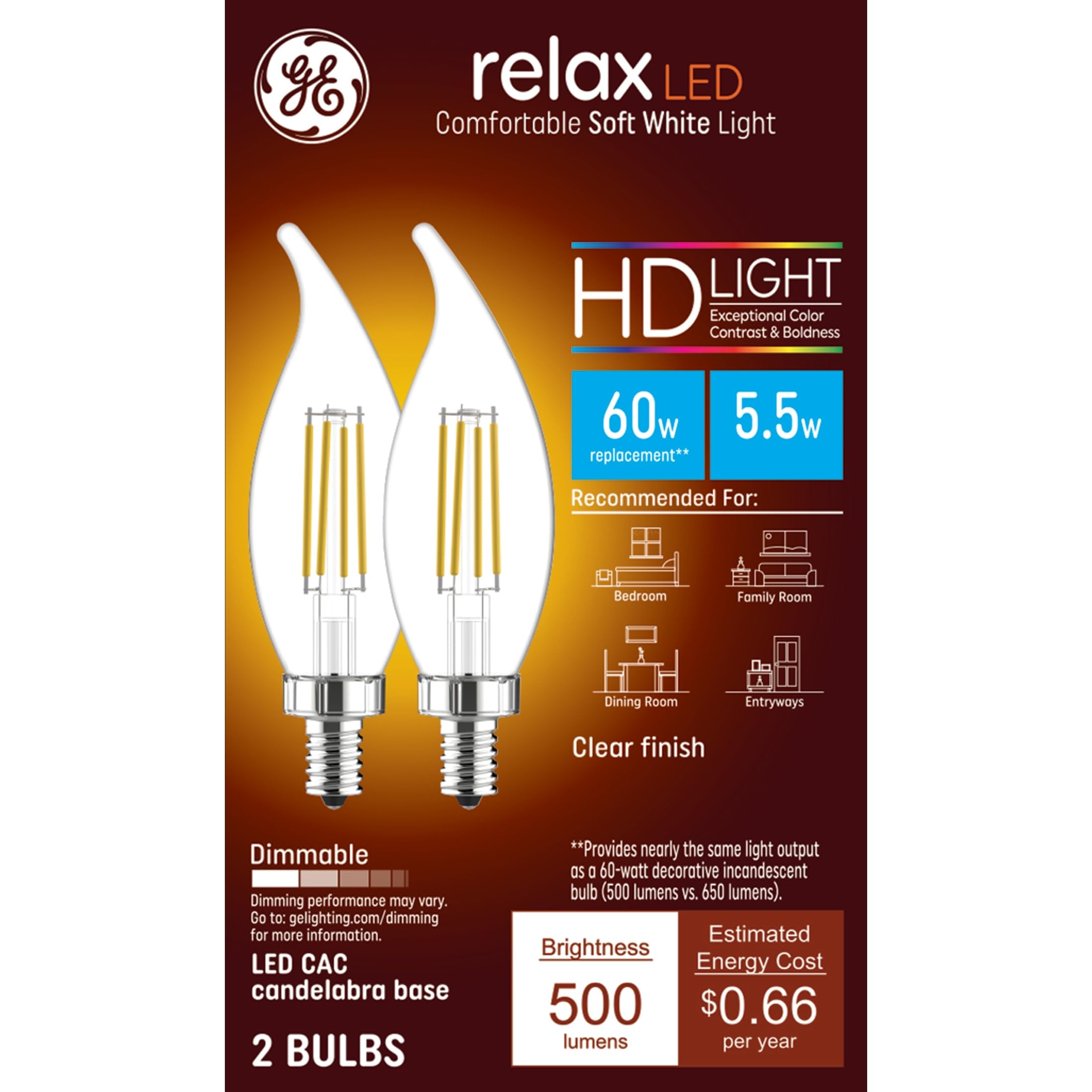 Ge Relax Led Light Bulbs, Candle Lights, 60 Watts, Soft White Clear Decorative Ca11 Bulbs, Small Base (2 Pack)
