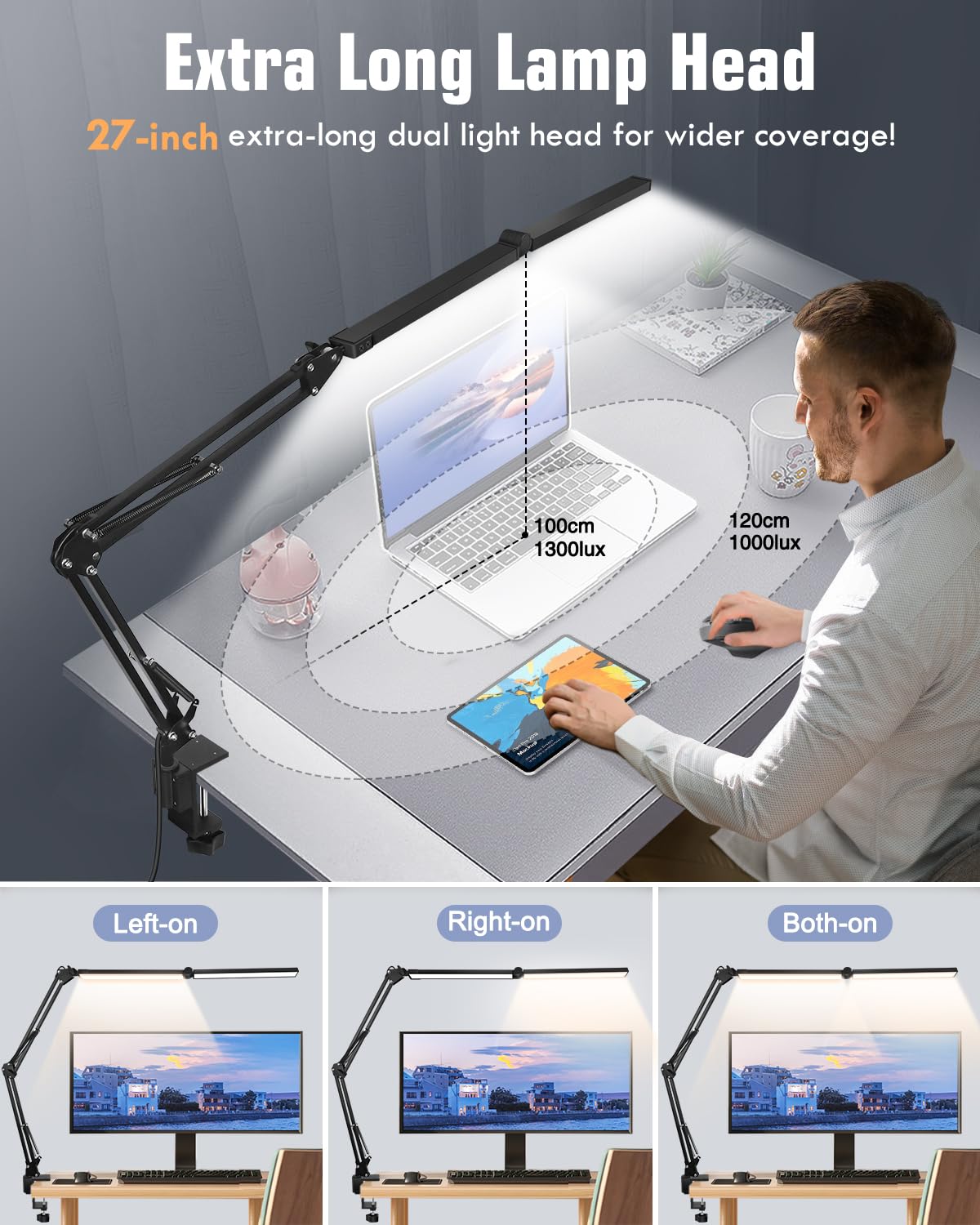 Toolour Led Desk Lamp, 2-In-1 Double Head, Dimmable, Clamp Base, Remote Control, Black