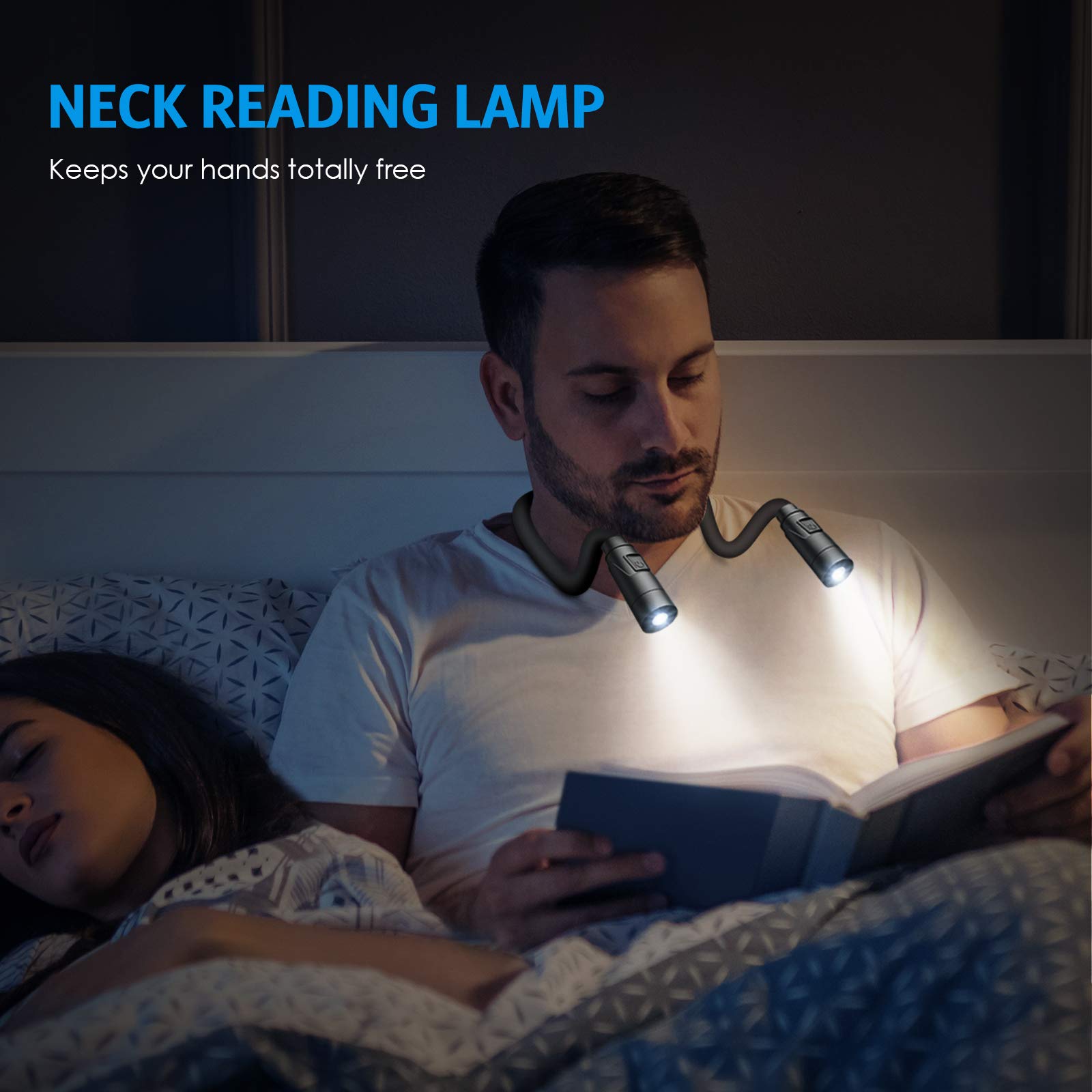AMIR Upgraded LED Neck Reading Light, Book Light for Reading in Bed, 3 Colors, Brightness Adjustable, Bendable Arms, Rechargeabl