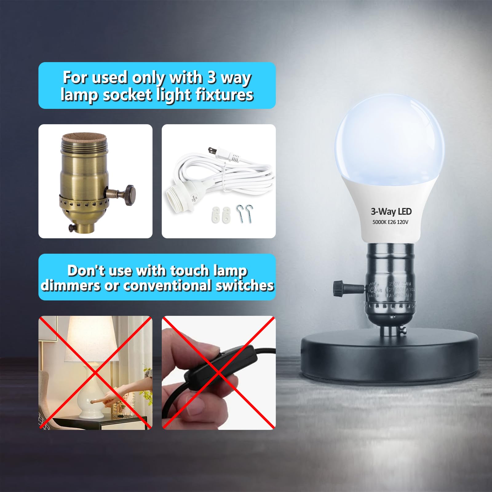Wiyifada 3 Way LED Light Bulbs, 2 Pack, 30/70/100W Equivalent, Daylight White 5000K, E26 Medium Base, Indoor A19
