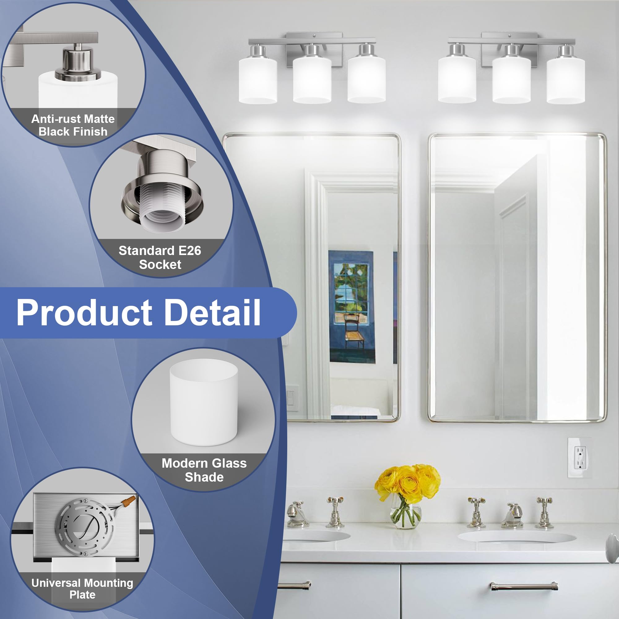 Dekang 3-Light Bathroom Vanity Light, Brushed Nickel Over Mirror Sconce With White Glass Shades
