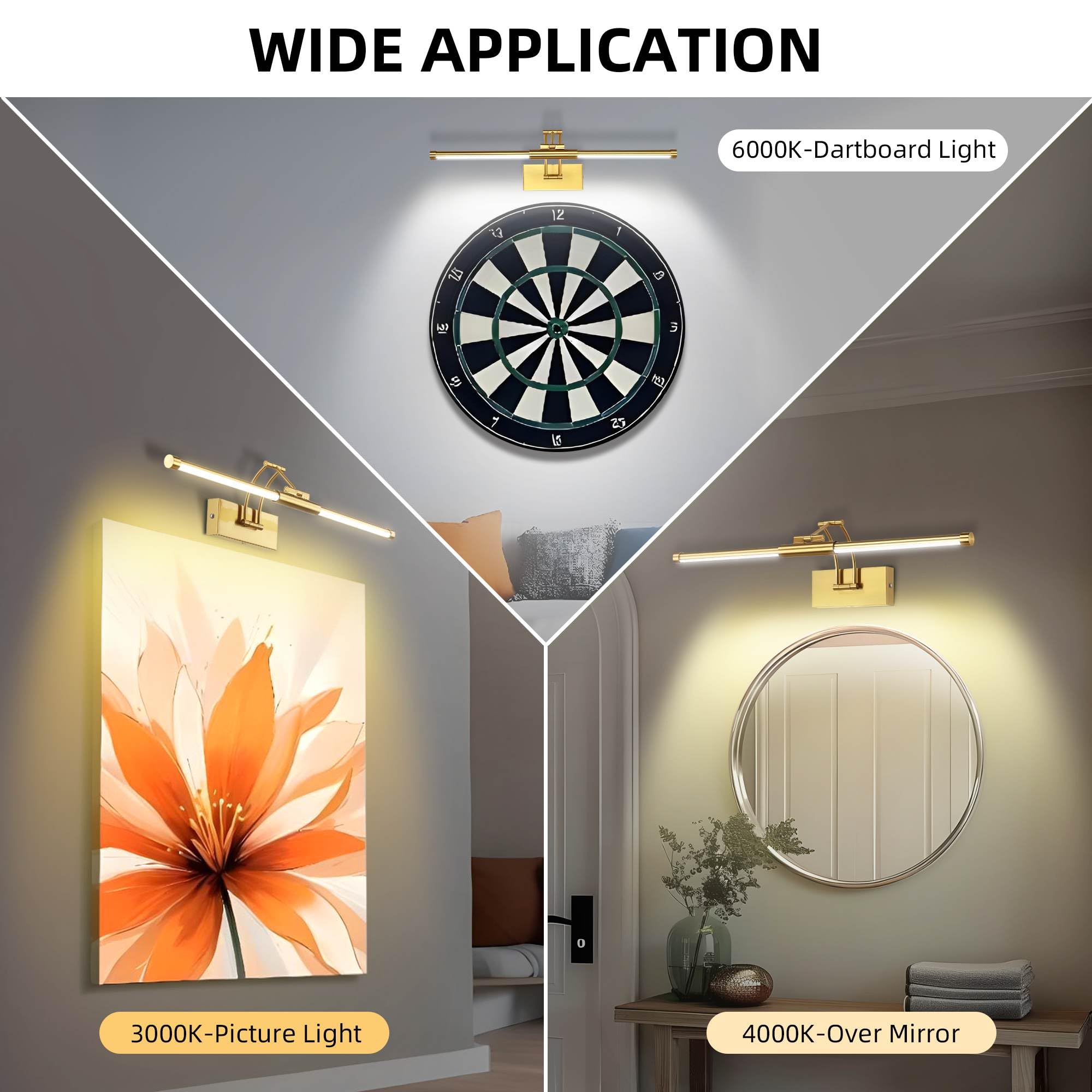 Neymlya 24" Wireless Picture Light, Dimmable 3000K/4000K/6000K, Gold Metal, Battery Operated, Remote Control, Model 24IN