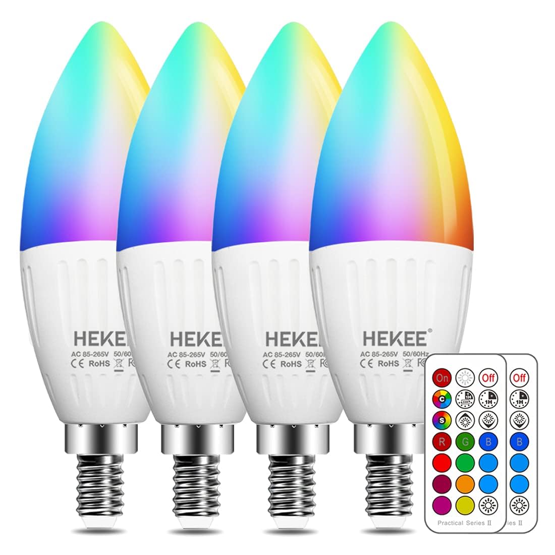 HEKEE E12 LED Candelabra Light Bulbs, Color Changing, 5W, 450 Lumen, 4 Pack, RGB + 2700K Warm White, Remote Control,