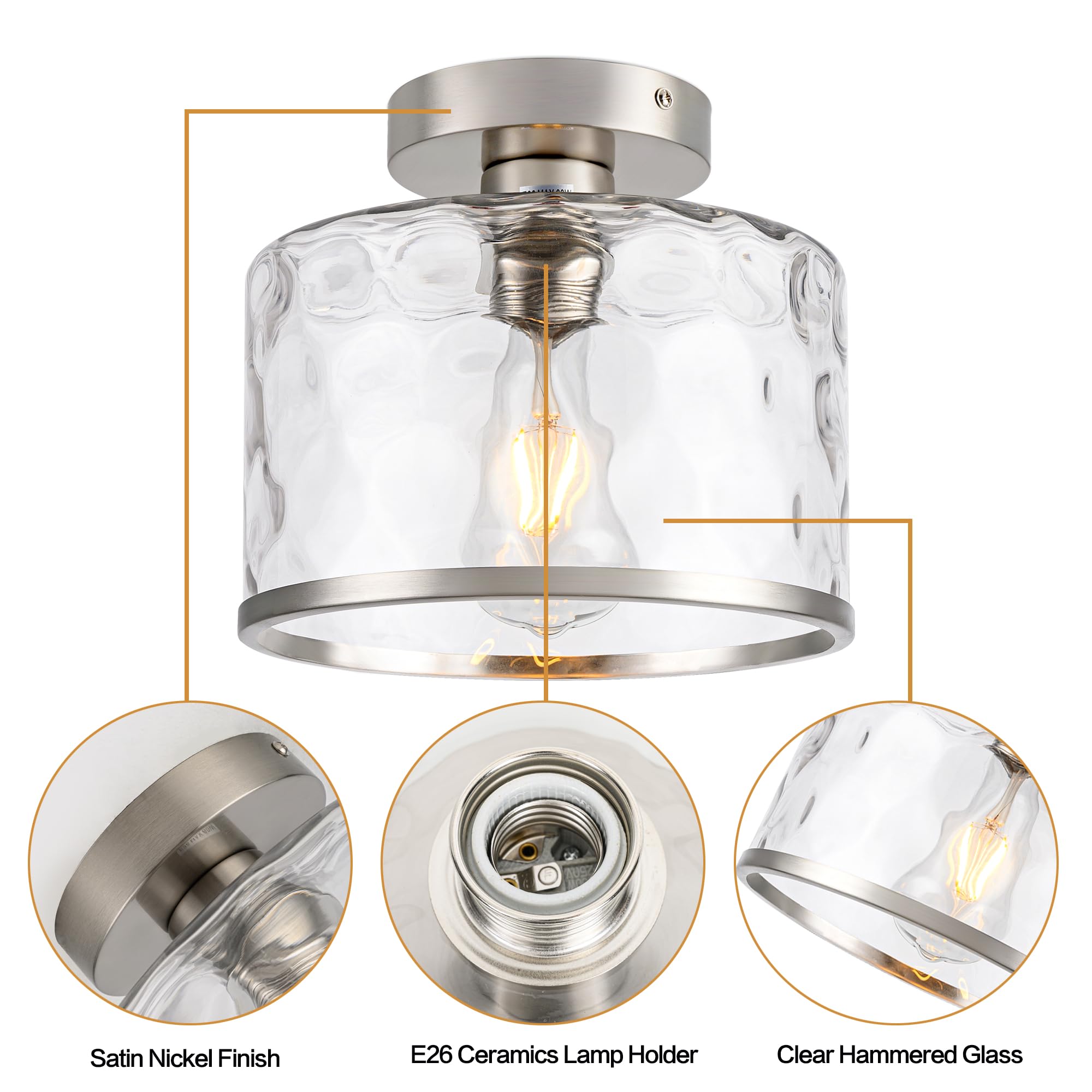 Zlepmlla Modern Semi Flush Mount Ceiling Light Industrial Clear Hammered Glass Lampshade Farmhouse Close To Ceiling Lights Fixtures In Satin Nickel For Hallway Kitchen Bathroom Bedroom