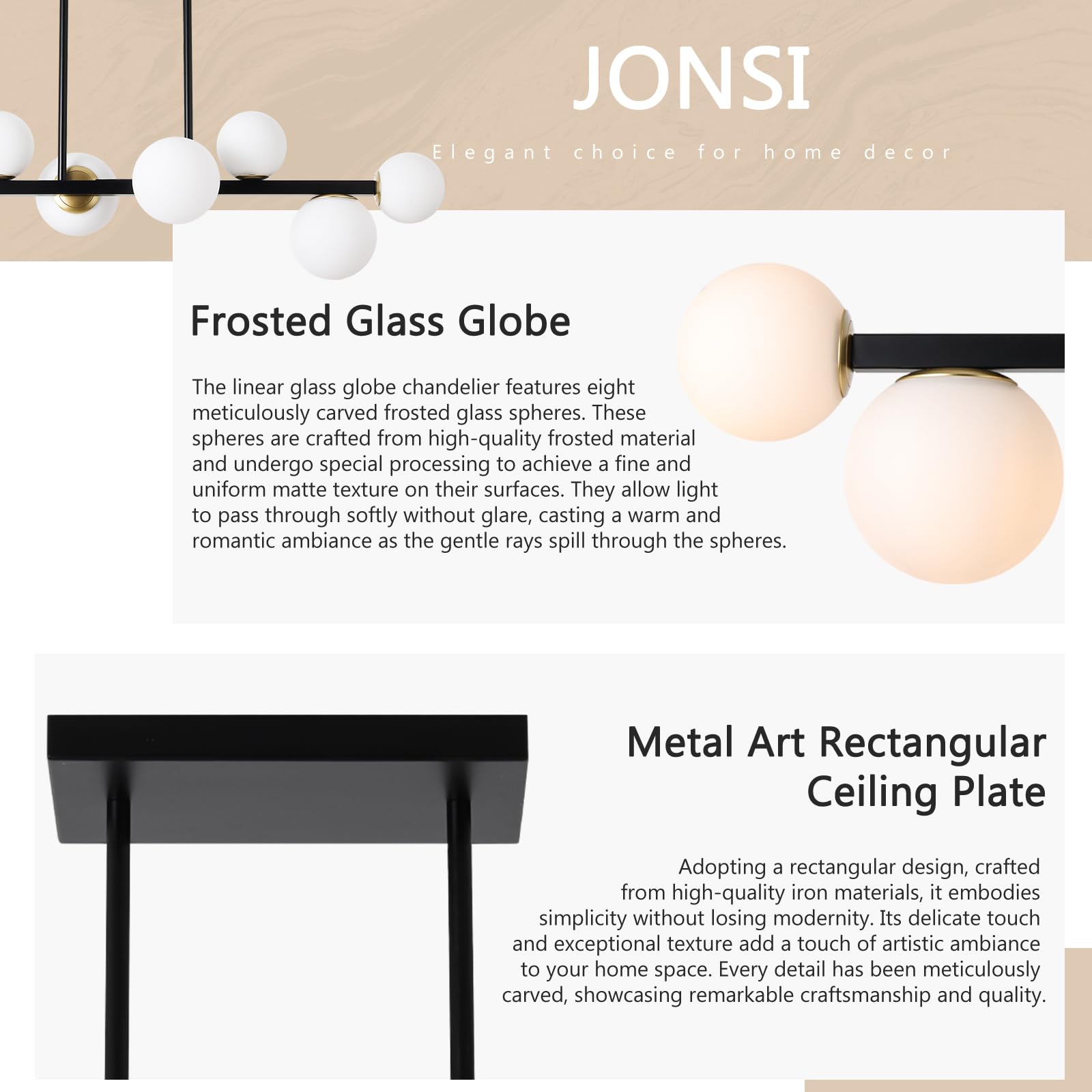 Jonsi Mid Century 8-Light Globe Glass Chandelier - Adjustable Black & Gold Fixture for Dining Room, Kitchen Island, Model 8P-6170