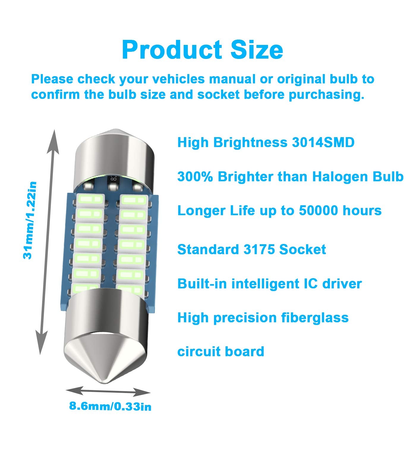 Serundo Auto De3175 Led Car Bulb 31Mm 1.22In Led Festoon Bulb, De3021 De3022 De3023 6428 6430 7065 Led Festoon Bulb, Interior Le