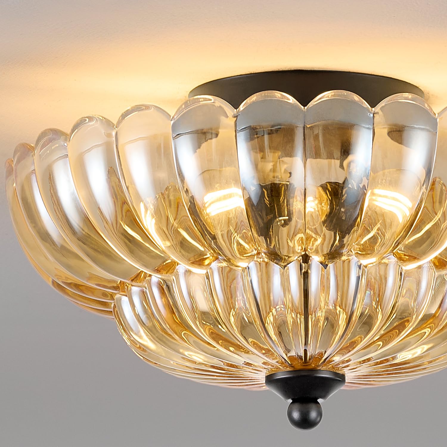 Modern Black Ceiling Light Fixture, 12'' Amber Glass Flush Mount Chandeliers, Semi Flush Mount Ceiling Light Fixture Suitable Fo